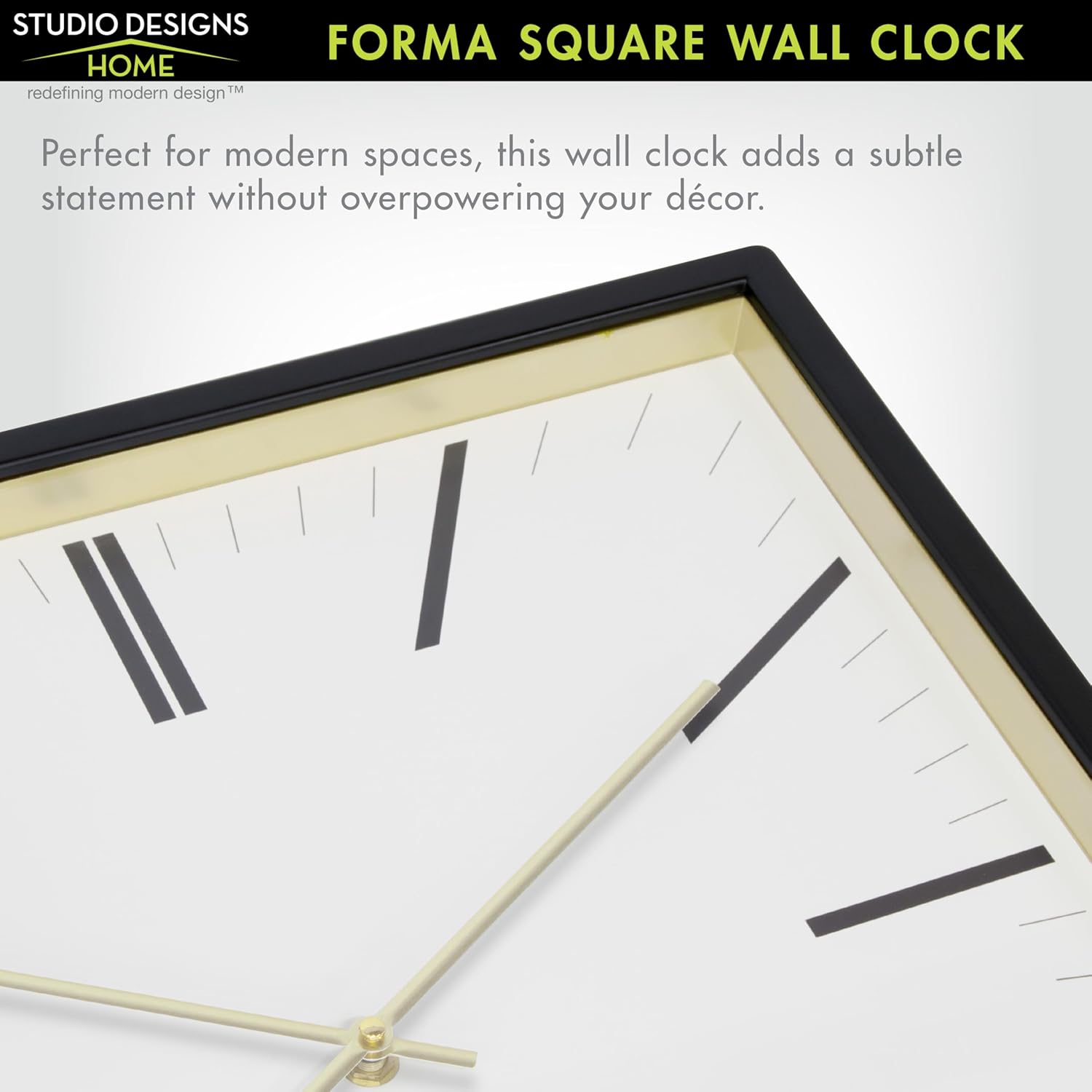 Forma Square Modern Wall Clock, 16" Minimalist Black Frame with Gold Trim, Quartz Movement, Glass Face, Contemporary Indoor Wall Décor