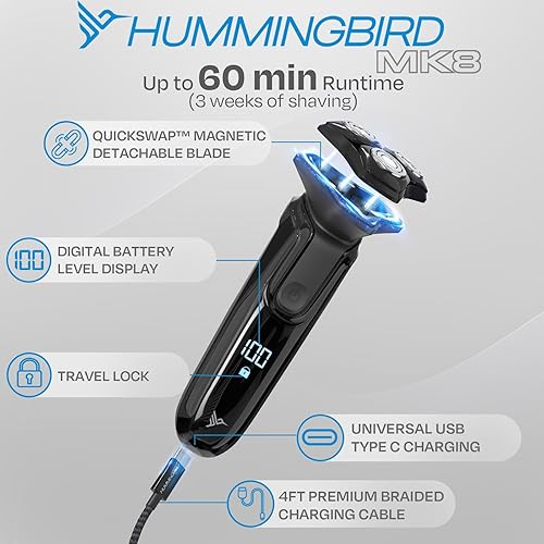 Miniatura 5 de HUMMINGBIRD MK8 - Afeitadora facial giratoria de alta calidad, afeitadora eléctrica recargable en húmedo y seco con recortadora emergente,