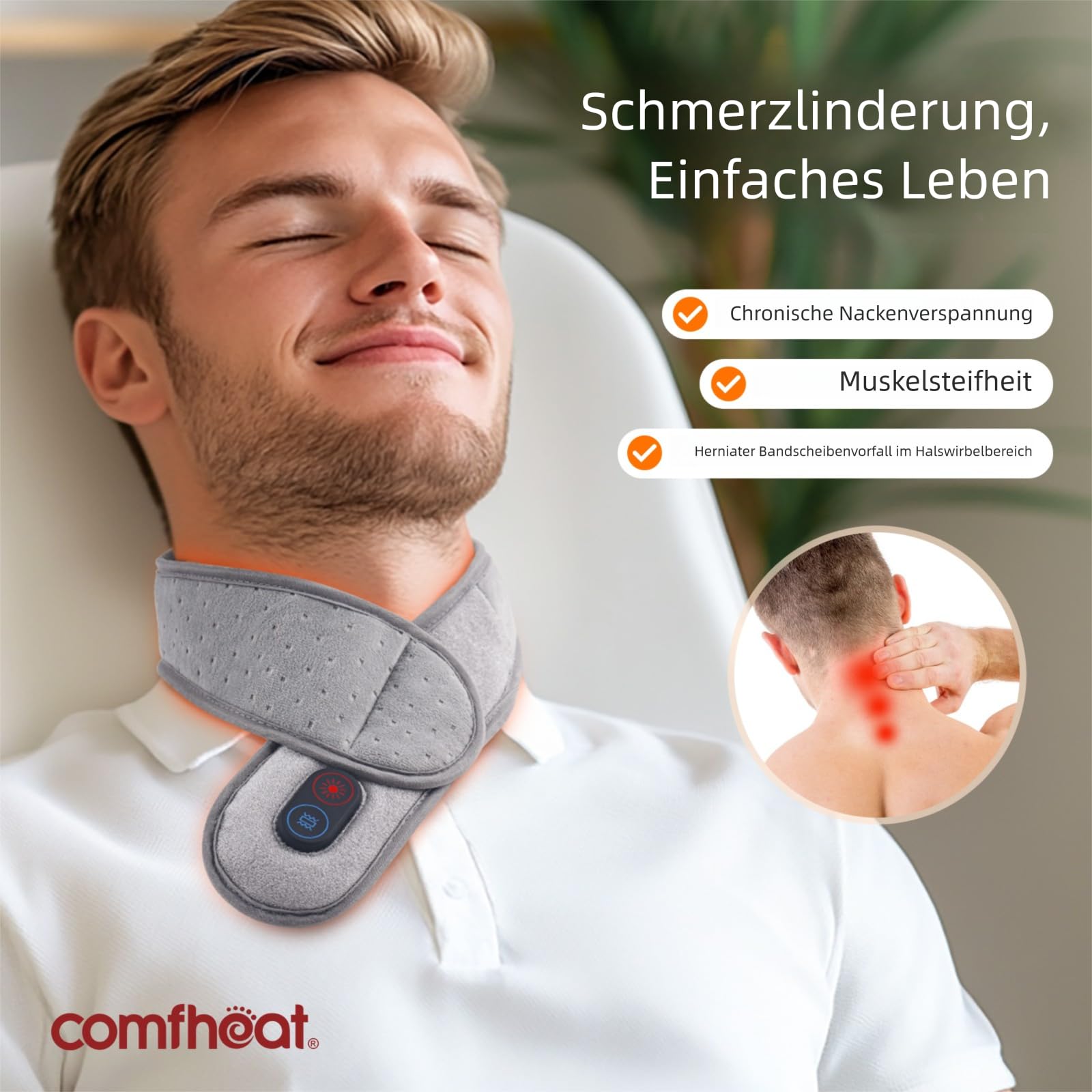Portable Neck Heizkissen mit Vibrationsmassage für Nackenschmerzen Relief, wiederaufladbare Nackenwärmer für Soreness Stiffness, 3 Stufen Wärme & Massage, 3000mAh Akku enthalten