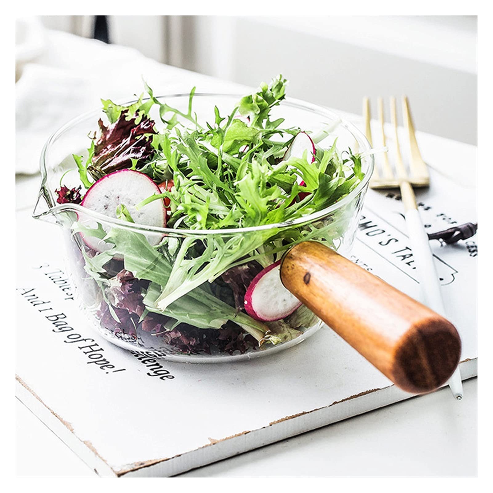 Ensaladeras Leche de vidrio Pote de fideos Sopa de fideos Foto de Stock Pote de avena Pan de cocción Hervido Calefacción Pote más cálido con mango de madera Ensalada Cocinar utensilios 600ml Tazones d