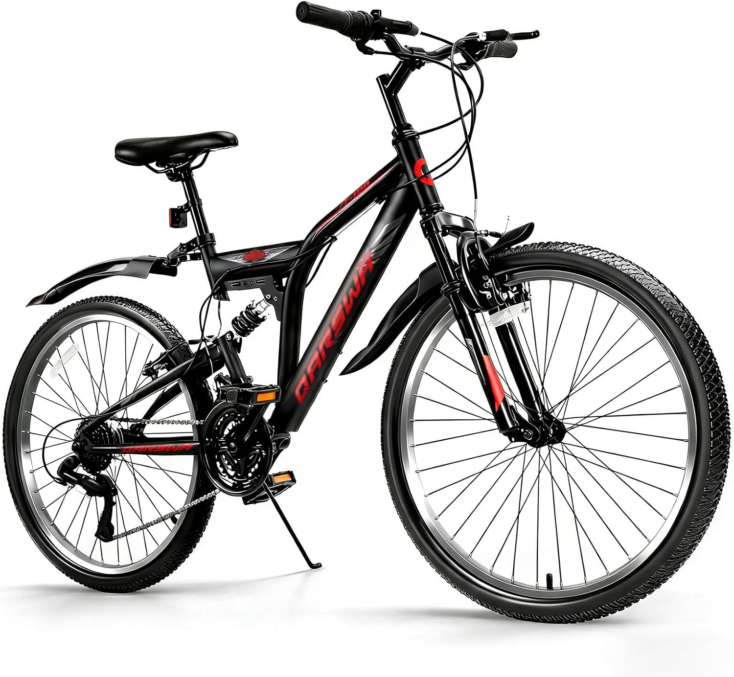 24 Inch Mountain Bike for Men & Women, 21-Speed Full Suspension MTB, High-Carbon Steel Frame, Quick Release Front Wheel, Dual Fenders, Easy Assembly, Trail & Commuter Bicycle