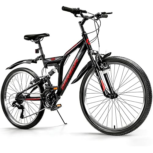 24 Inch Mountain Bike for Men & Women, 21-Speed Full Suspension MTB, High-Carbon Steel Frame, Quick Release Front Wheel, Dual Fenders, Easy Assembly, Trail & Commuter Bicycle