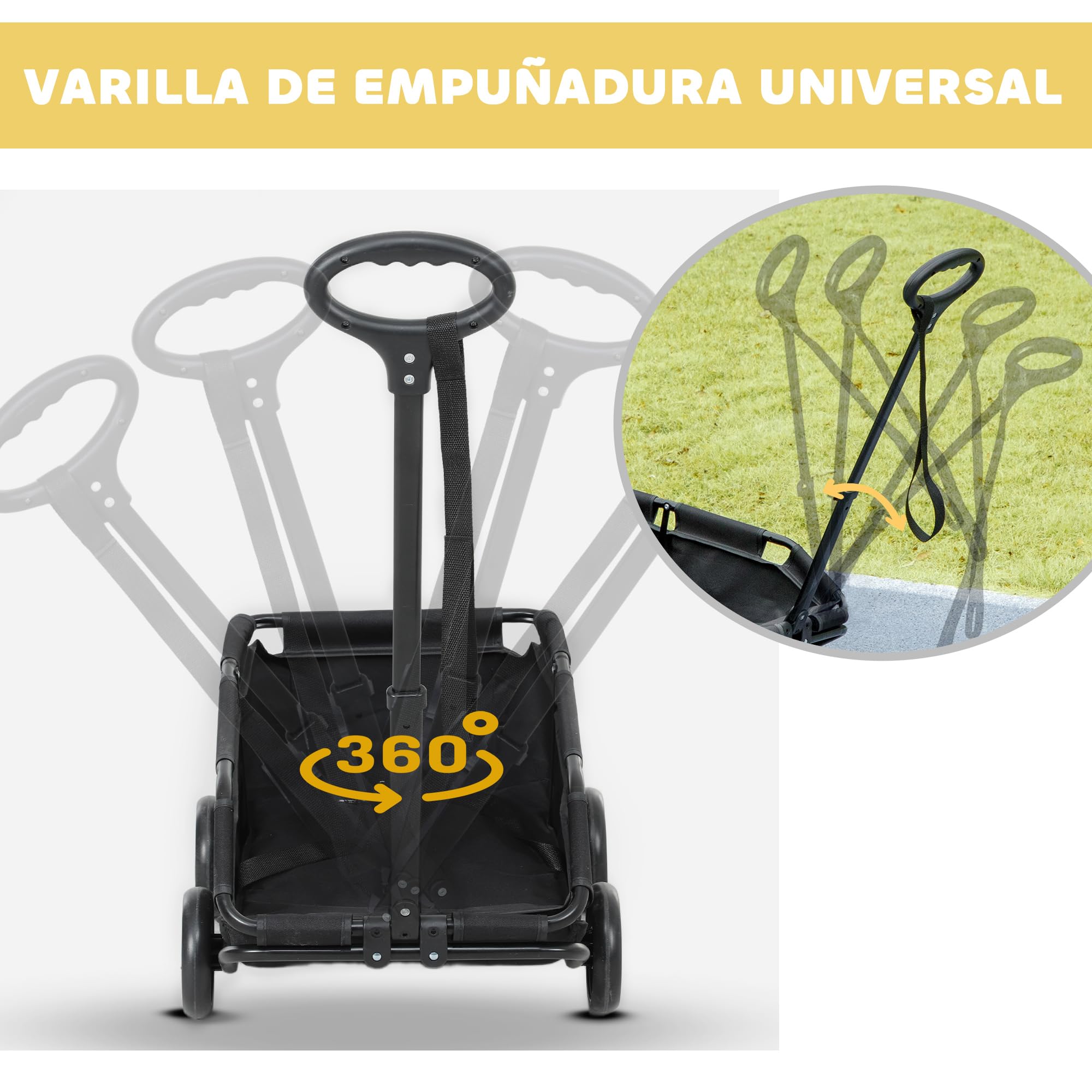 PawHut Carrito para Perros Plegable Cochecito para Mascotas Carrito para Perros Miniatura con Barra de Empuje Ajustable Diseño Abierto Cojín Bolsa de Almacenamiento y Ruedas 53x45x28 cm Negro