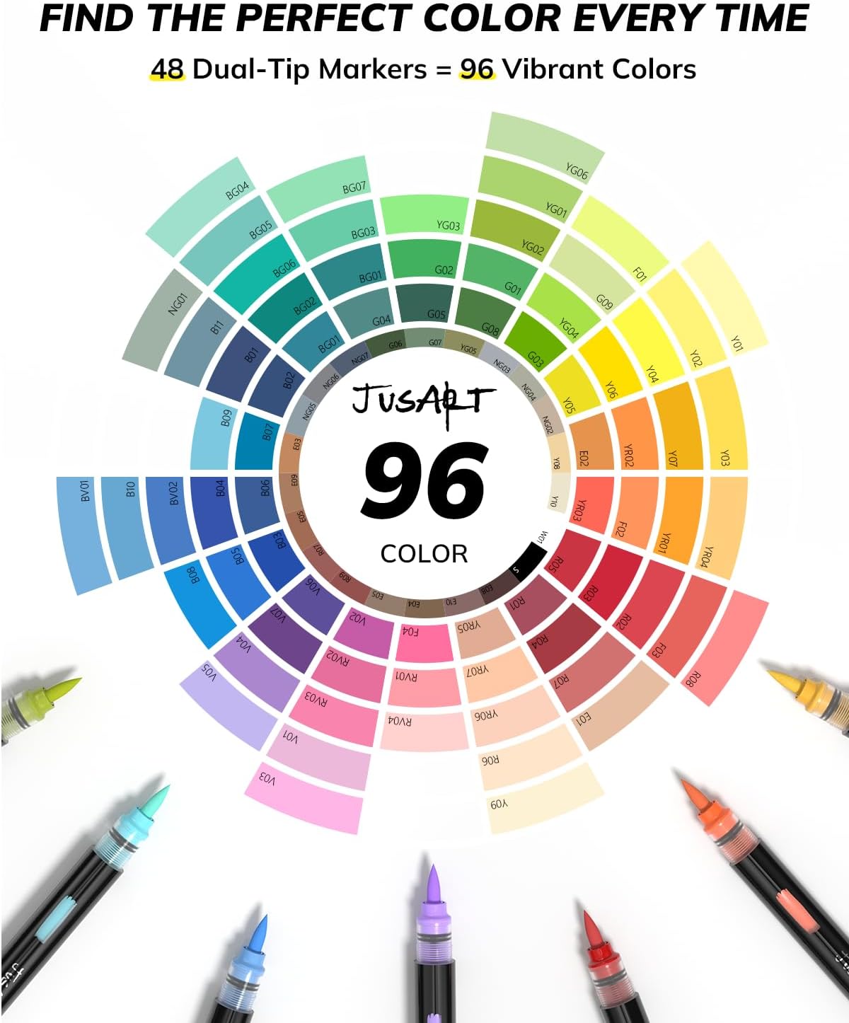 JusArt Acrylic Brush Markers, 96 Colors Brush Tip Acrylic Marker Set, 48 Dual-Tip Water Based No Bleed Markers with Automatic Ink Control for Wood, Rock, Fabric, Canvas, Glass, Eggs & DIY Crafts