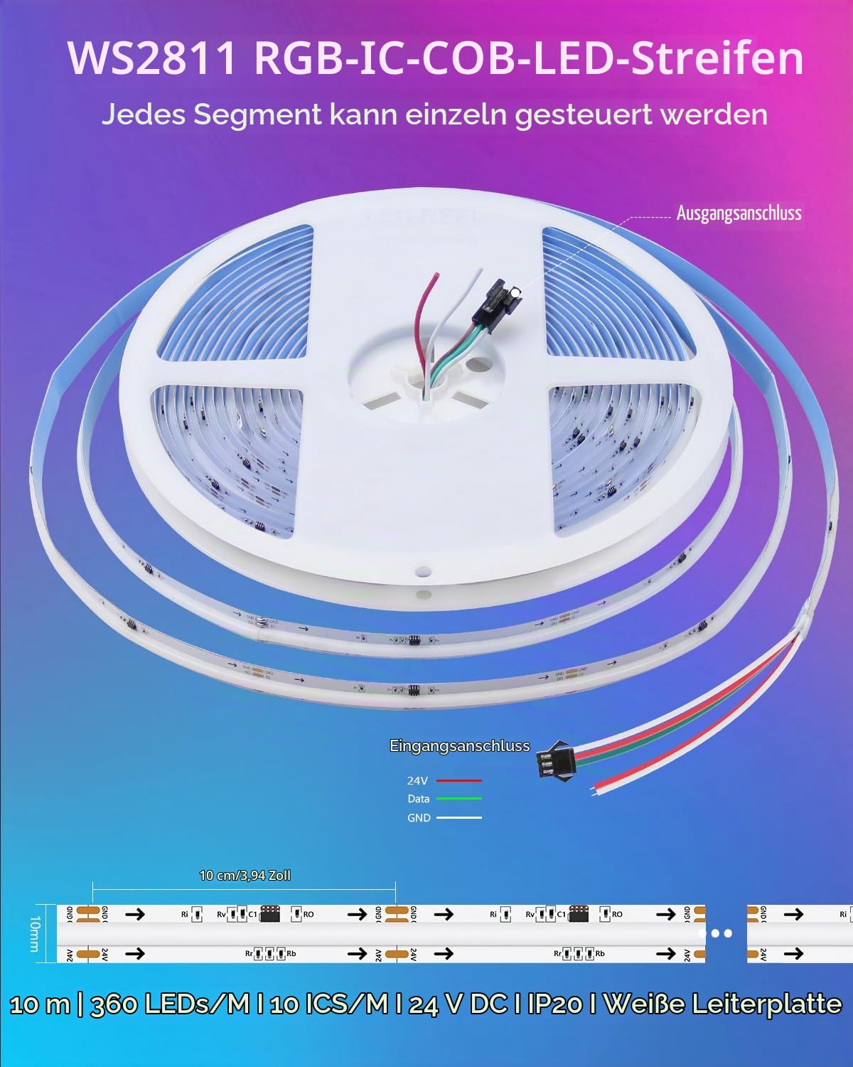 ALITOVE 24V COB LED Streifen RGBIC WS2811 10M Lichtband LED Selbstklebend | Flexibel 360LEDs/m, für Schlafzimmer TV Heimdekoration, Nicht Wasserdicht, Ohne Netzteil und Dimmer
