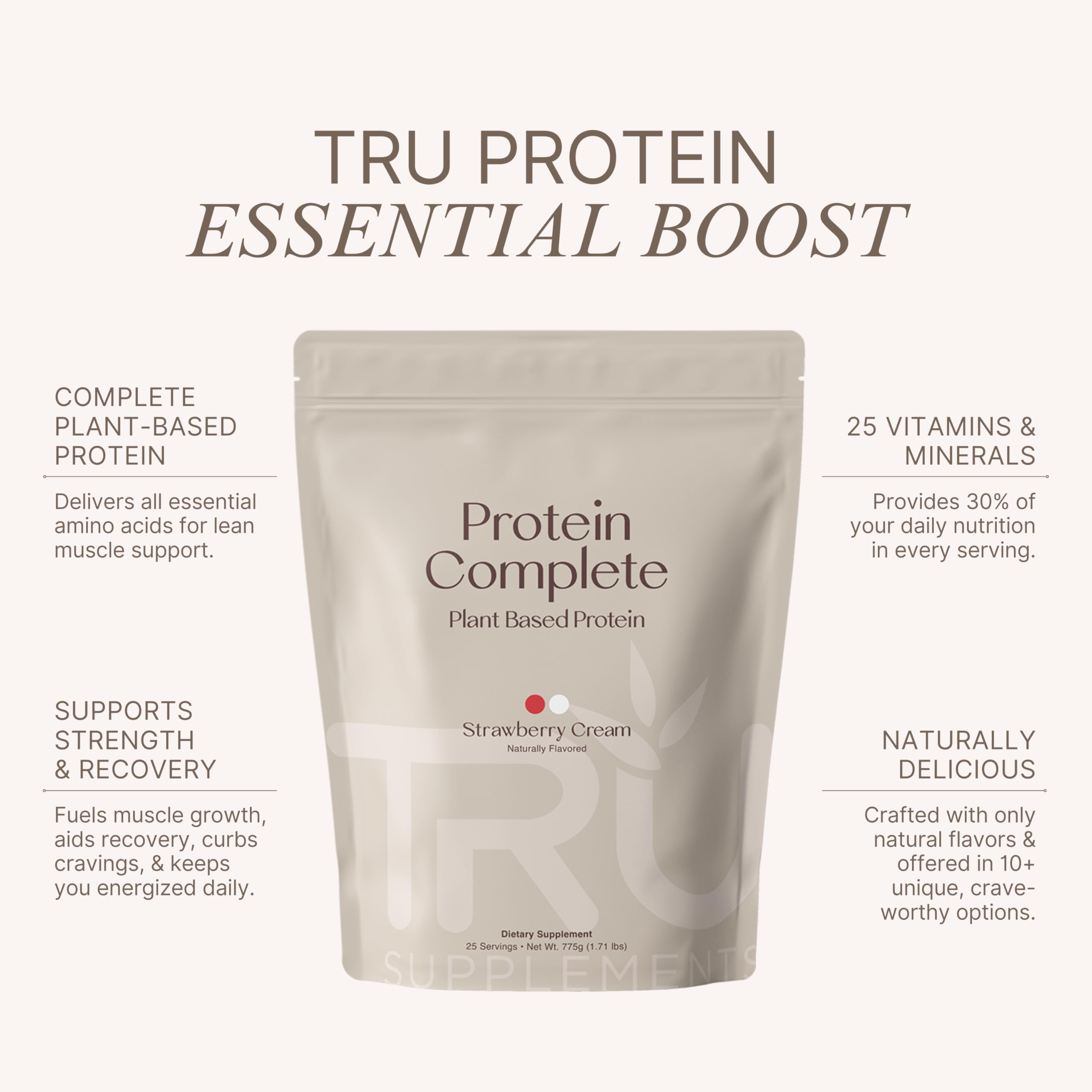 TRU Supplements Plant Based Protein Powder, BCAA, EAA, 20g Vegan Protein, 100 Calories, 27 Vitamins, No Artificial Sweeteners 25 Servings (Strawberry Jam)