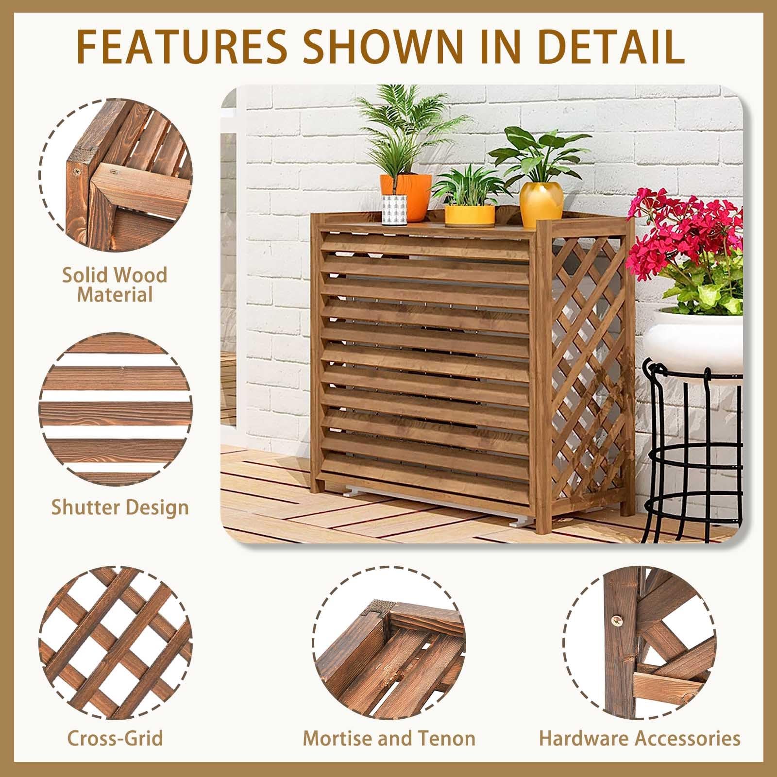 Cubierta de valla de madera rústica marrón para unidad de aire acondicionado al aire libre, escudo grueso de protección contra la intemperie para jardines y patios, diseño duradero y elegante