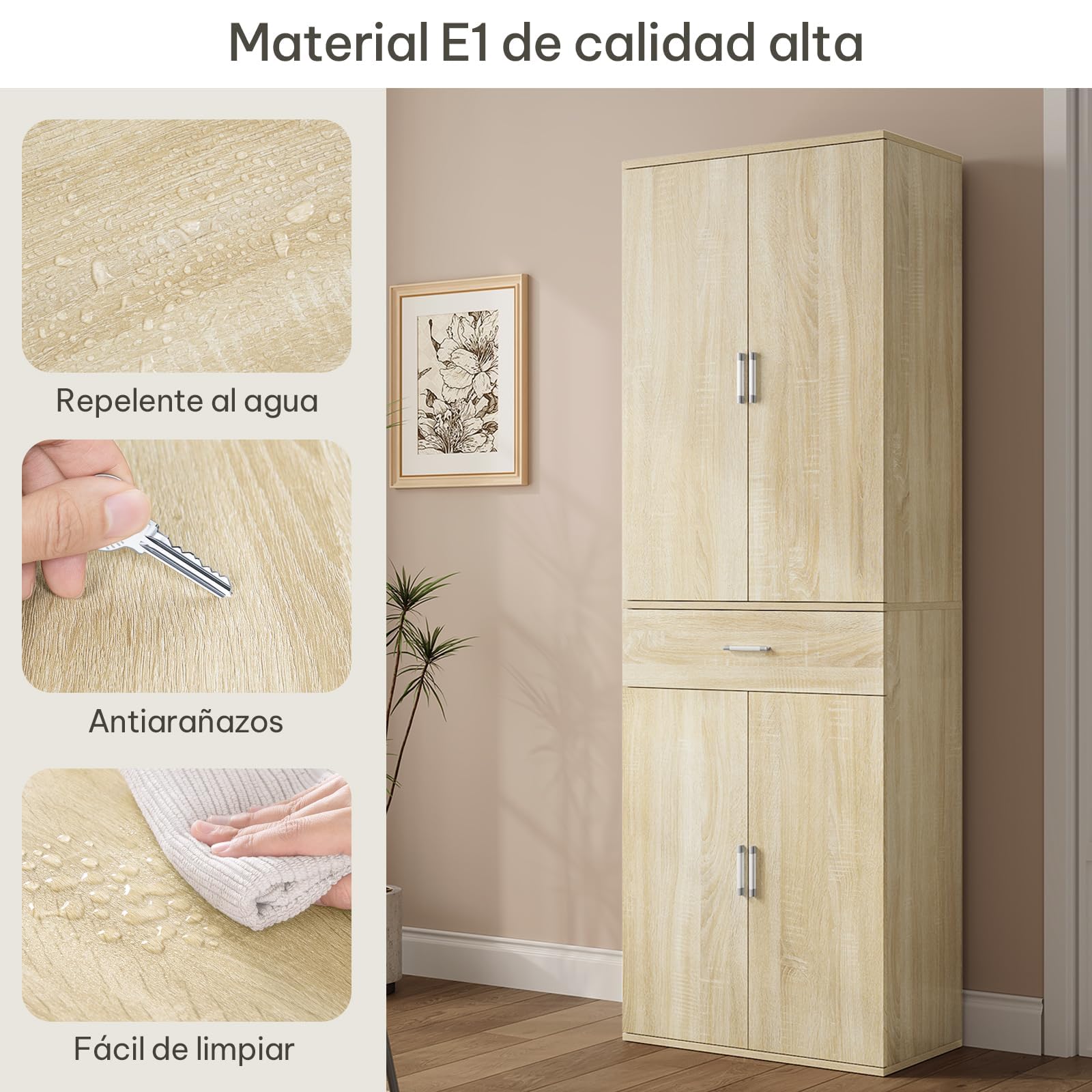 eSituro Armario de Oficina con Puertas, 60x34x180 cm, Roble Claro | Armario de Almacenaje con 1 Cajón y 5 Estantes, Estantes Ajustables