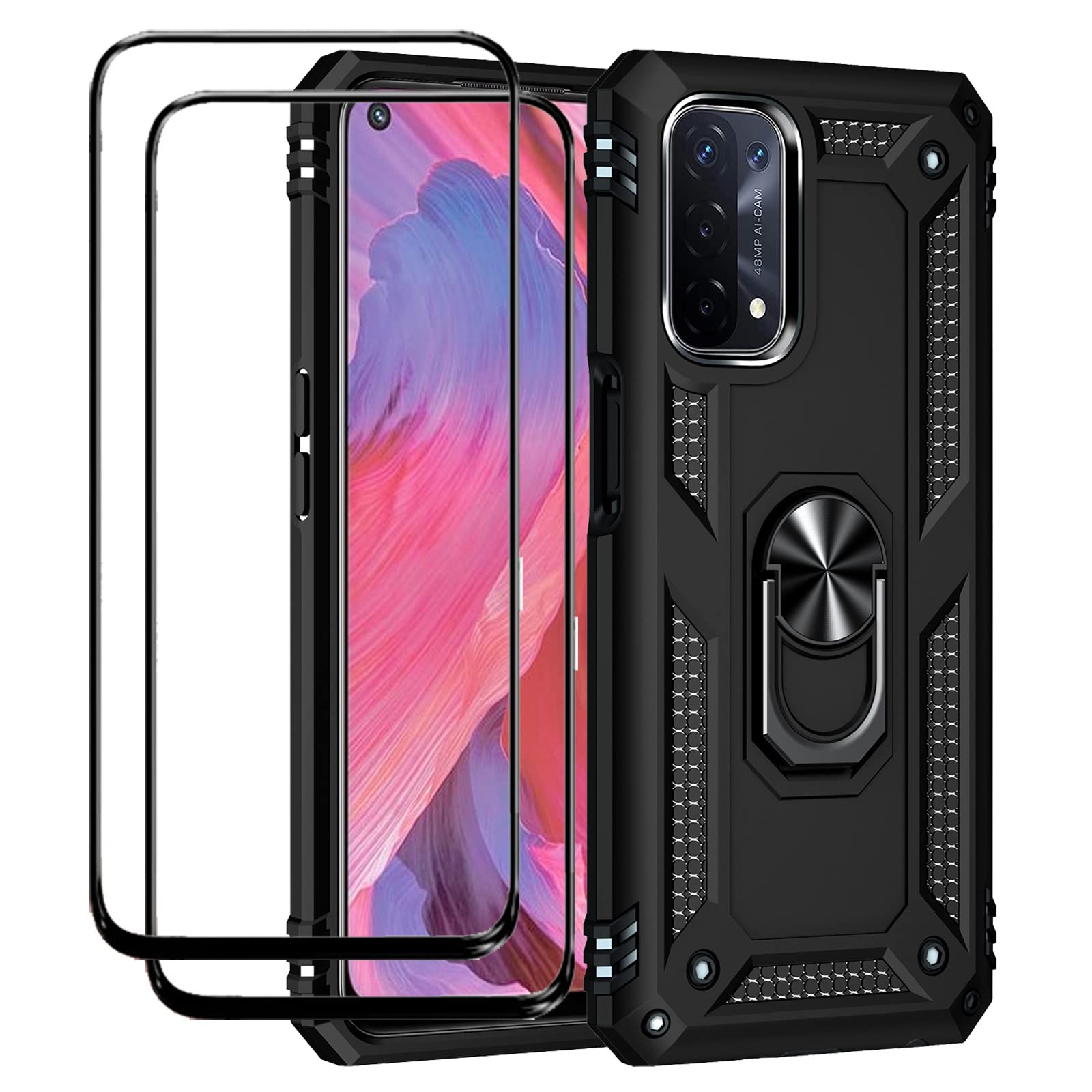 EasyLifeGo Kickstand Case with Tempered Glass Screen Protector for Oppo A54 5G/Oppo A74 5G/Oppo A93 5G, 2 piece, Black