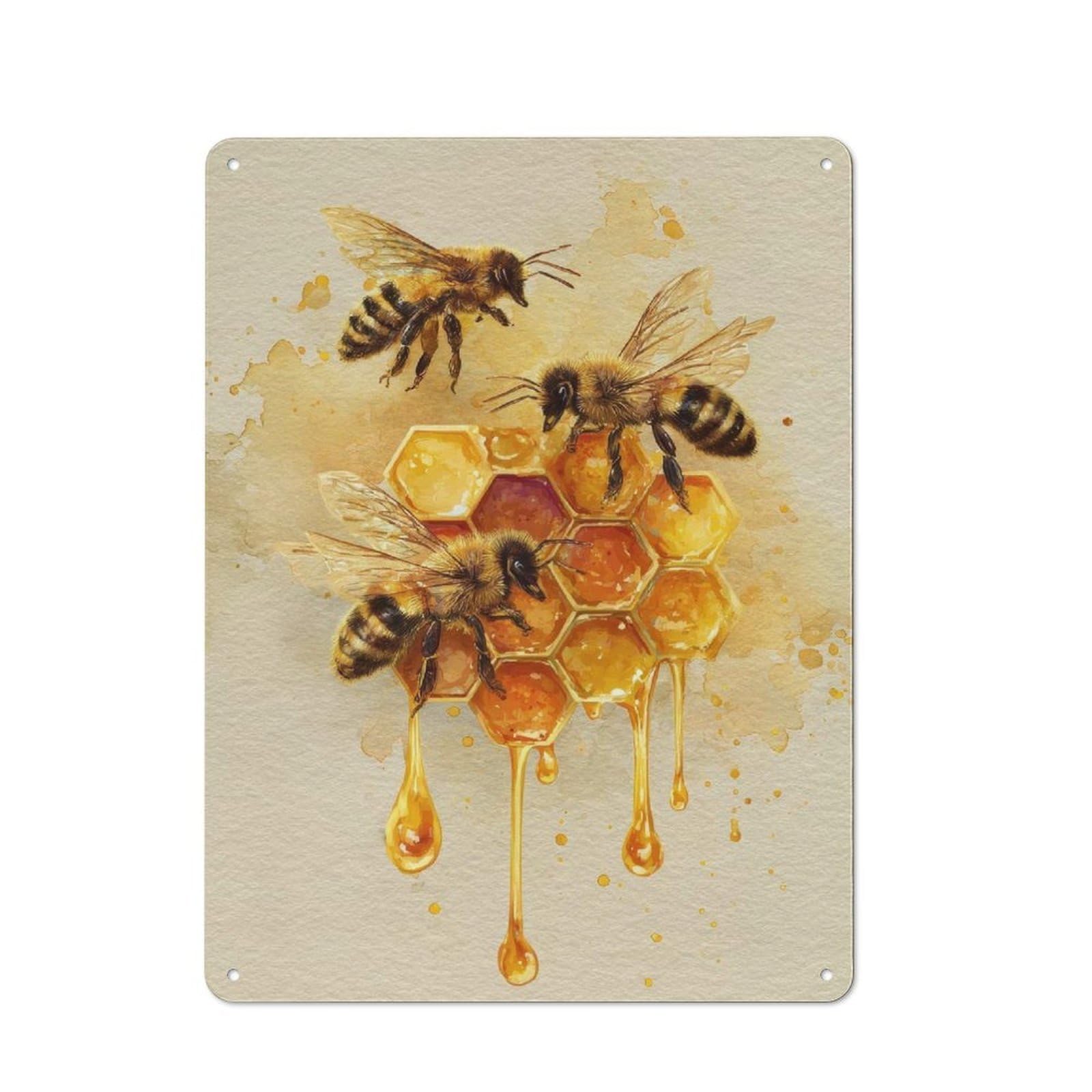 Junmoney Bees And Honeycomb Watercolor Painting 40X30cm Rustic Tin Sign With For Garage Or Workshop, For Vintage Wall Decor Fans, For Kitchen And Home Bar Decor
