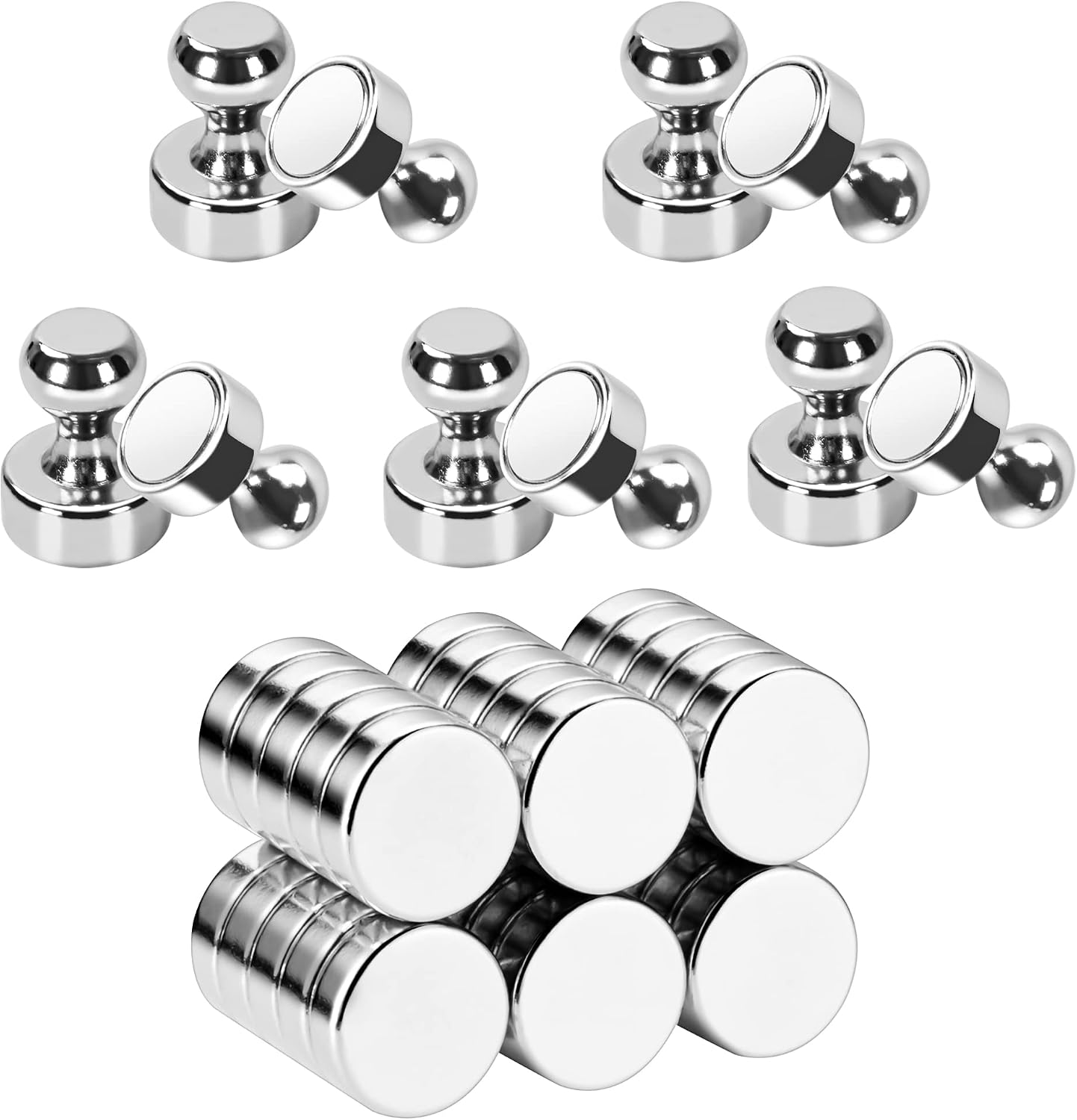 SMARTAKE 10 Pcs Push Pin Magnets & 30 Pcs Round Refrigerator Magnets, Multi-Use Premium Brushed Nickel Coating Office Magnets for Fridge, Whiteboard, Billboard in Home, Kitchen, Office and School