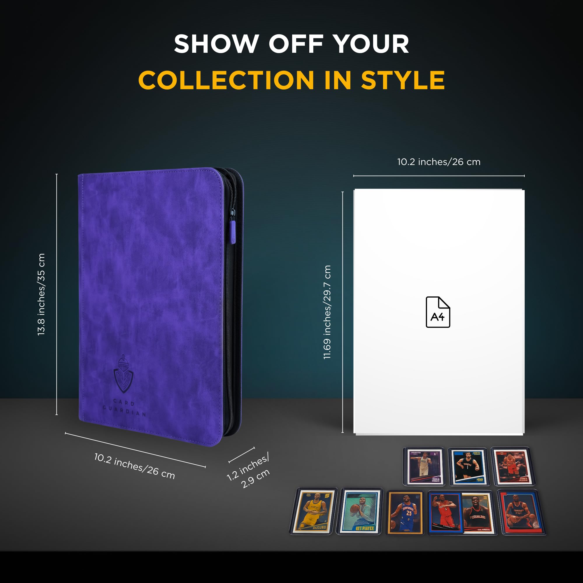 Card Guardian - Carpeta de 9 bolsillos con cremallera para 504 tarjetas, bolsillos laterales para juegos de cartas coleccionables TCG (morado)