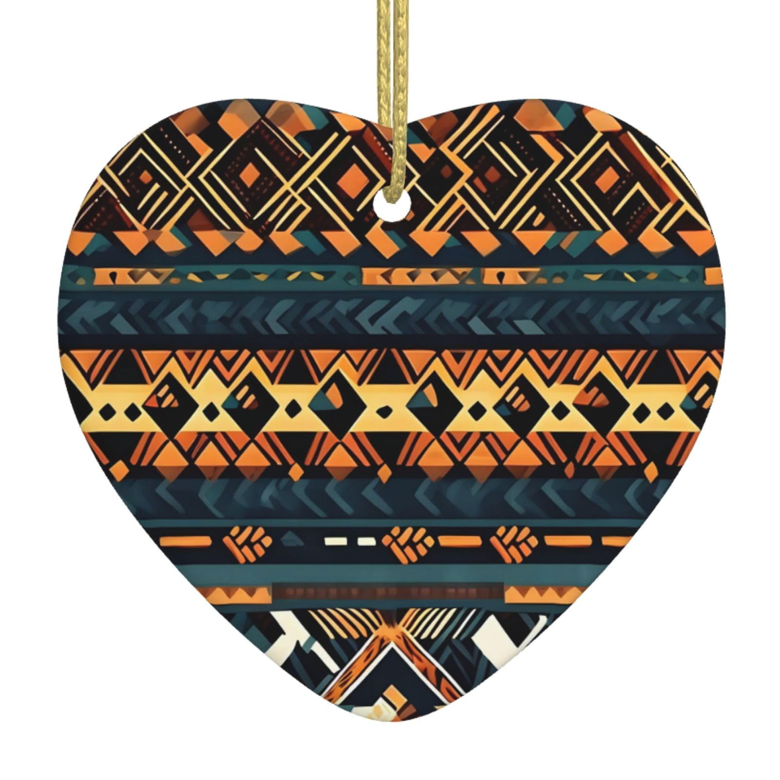 African Tribal Ethnic Texture Ceramic Christmas Heart Pendant with Silk Thread, Christmas Tree Home Decoration