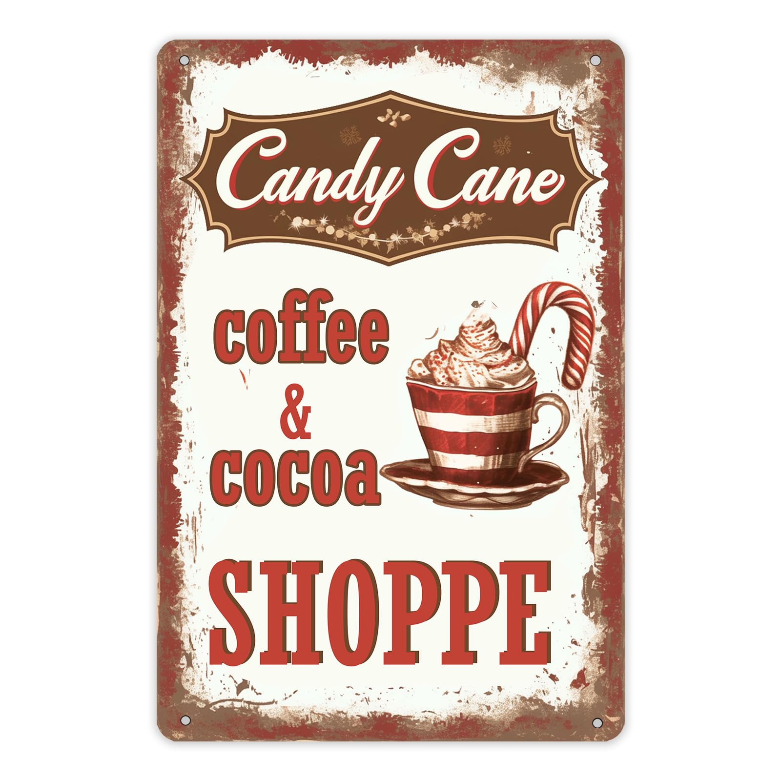 SMAZDFXX Candy Canes Coffee and Cocoa Shoppe Tin Sign Vintage Christmas Hot Cocoa Metal Tin Sign Wall Decor for Home Cafe Kitchen Coffee Shop Holiday Decoration 5.5"x8"