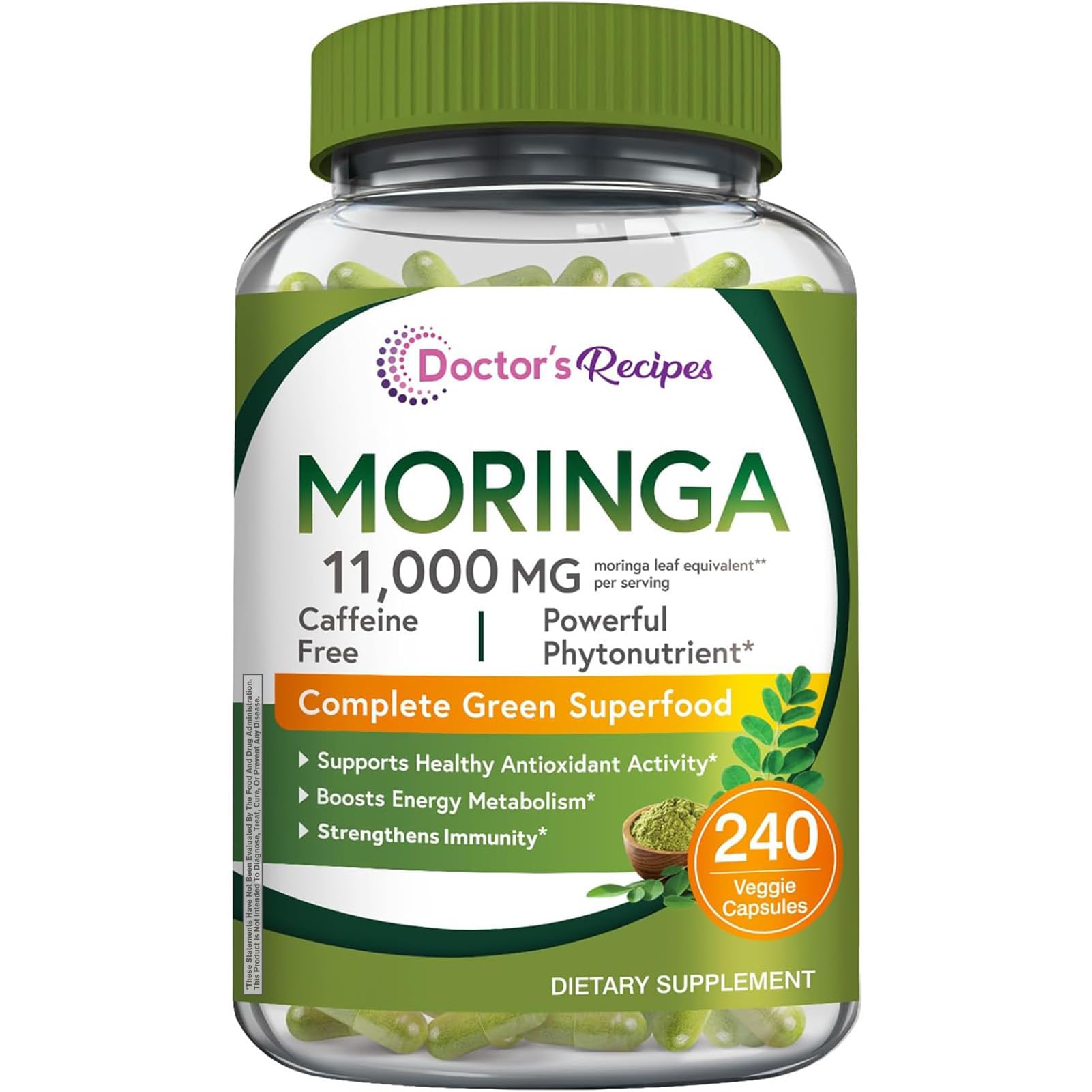 Doctor's Recipes Moringa 11,000 mg Strength, Complete Green Superfood, Natural Antioxidant Support, Non-GMO, 240 Vegan Caps, No Caffeine Soy Gluten