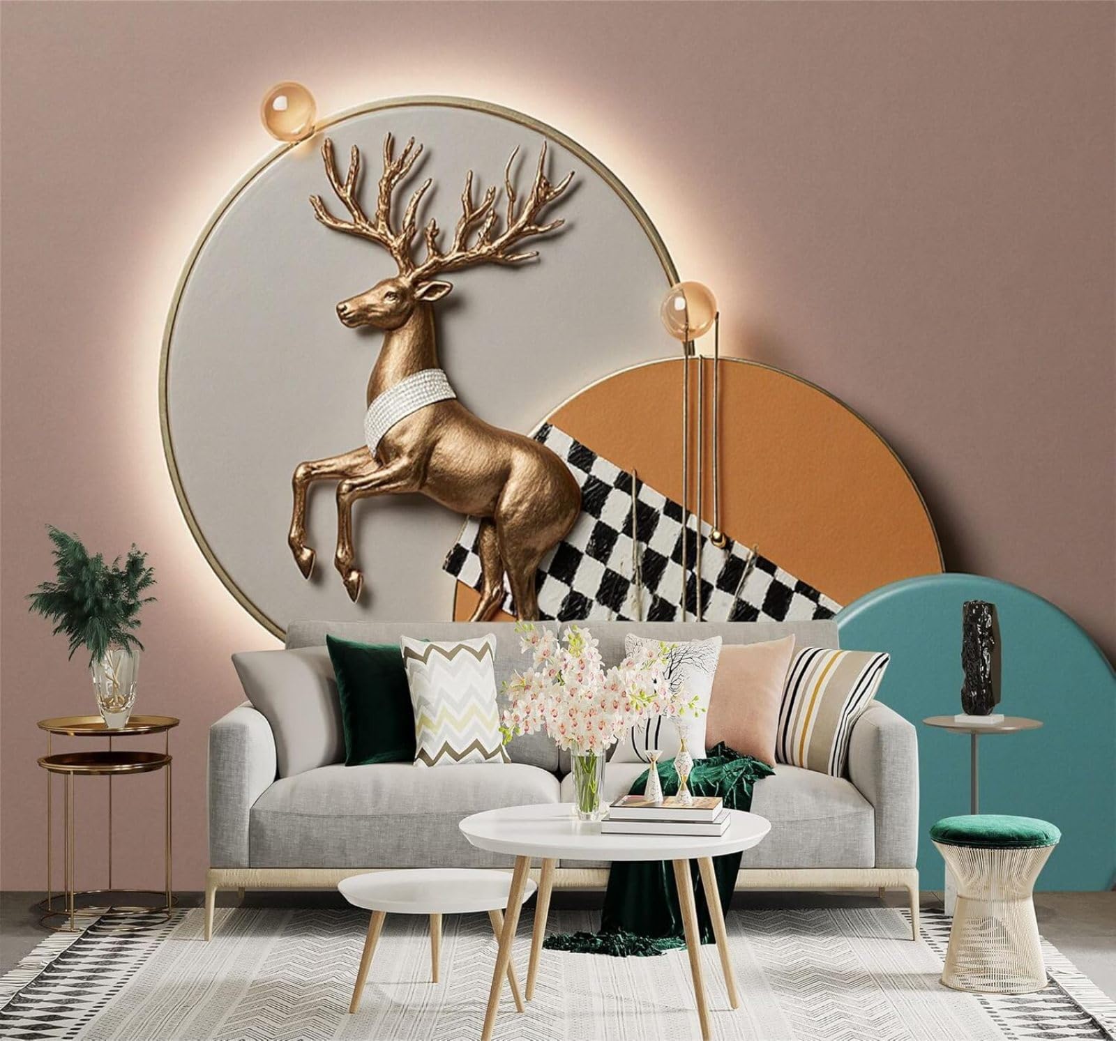 XLMING Golden Deer Geometric Circles Abstract Checkered Pattern 3D Wallpaper Silky Texture Home Study Office Grey Dining Room Sofa Bedroom Living Room TV Backdrop-150cm×105cm