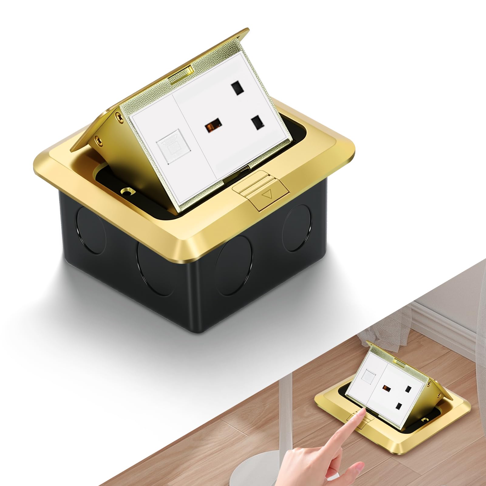 Pop Up Floor Socket Box with Waterproof Cover, Recessed Tabletop Power Outlet for Office Kitchen Restaurant, Customisable with 2 USB/USB-C/RJ45/Blank Ports (RJ45, Golden)