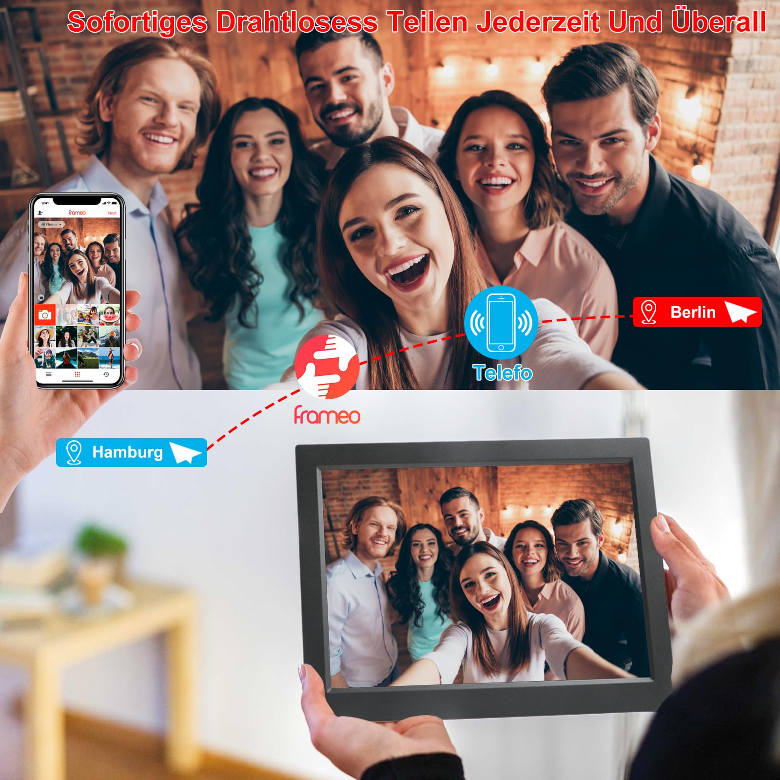 FRAMEO 10,1 Zoll Digitaler Bilderrahmen WLAN, 1280x800 HD IPS LCD Touchscreen Smart Cloud-Fotorahmen mit 16GB Speicher, Auto Drehung, Einfache Weitergabe von Fotos Videos über Frameo App