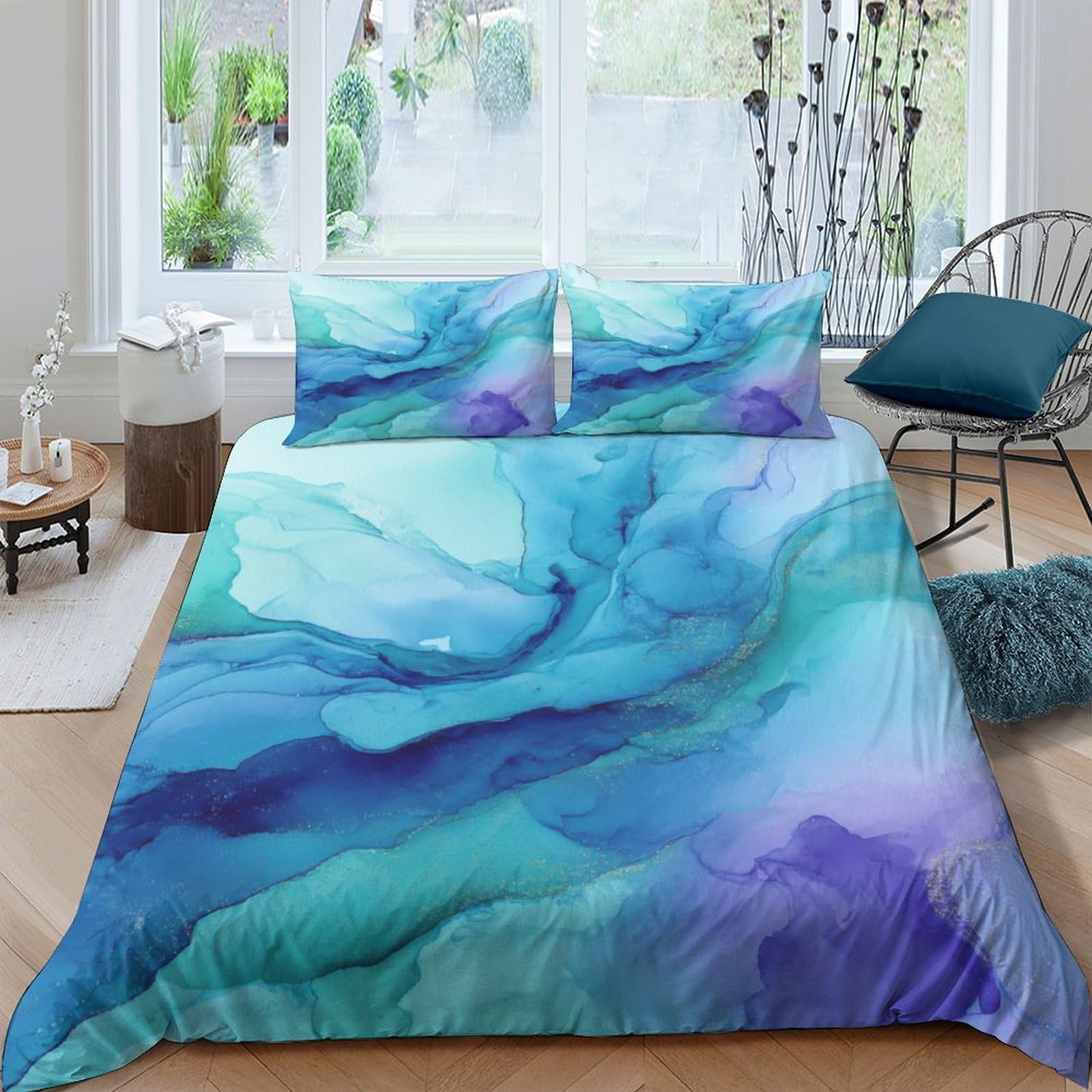 Ctjqhvkz Style-3 3D Printed Ocean Blue Fitted Sheet Microfiber Soft Breathable Watercolor Wave Mattress Cover Bedroom Decor Protection Single（135X200cm）