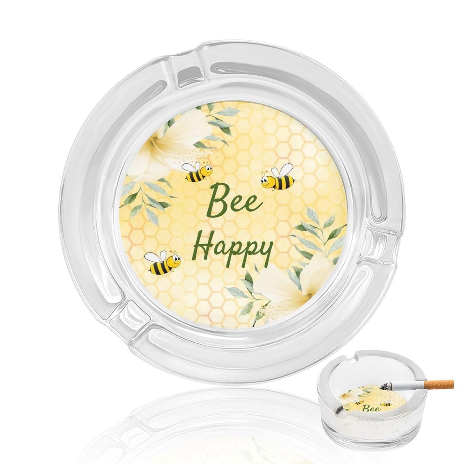 Bee Happy Bumble Bees Yellow Honeycomb Glass Ashtray 3.3 Inch Round Cigarette Ash Holder with 4 Grooves for Home Office Outdoor One Size