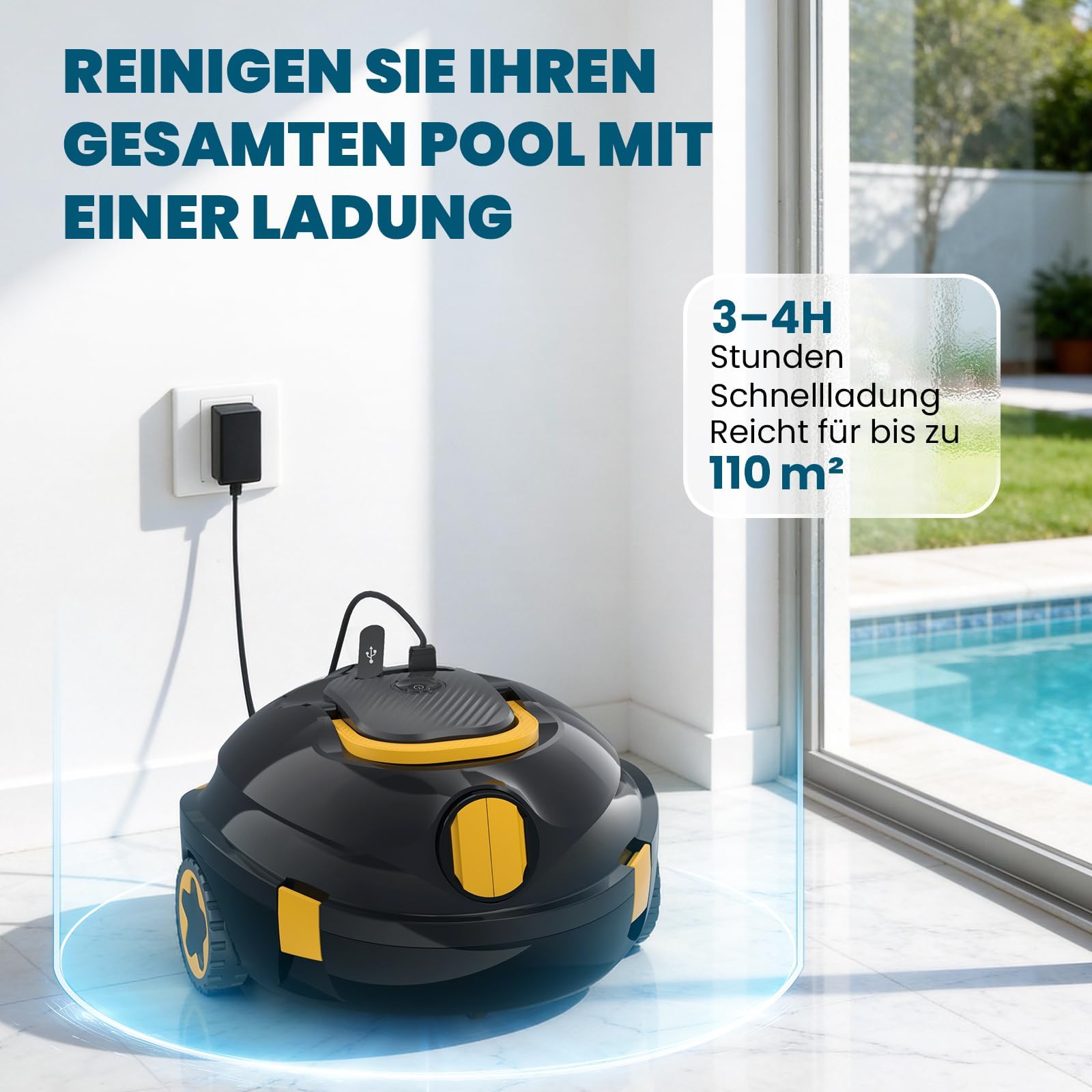 Kabellos Poolsauger Akku, 120 Min. Laufzeit, Leichtgewicht Poolroboter, Automatische Reinigung mit Selbsteinparkfunktion, Leistungsstarker Poolsauger für Flache Boden bis 110 m²(Schwarzo)