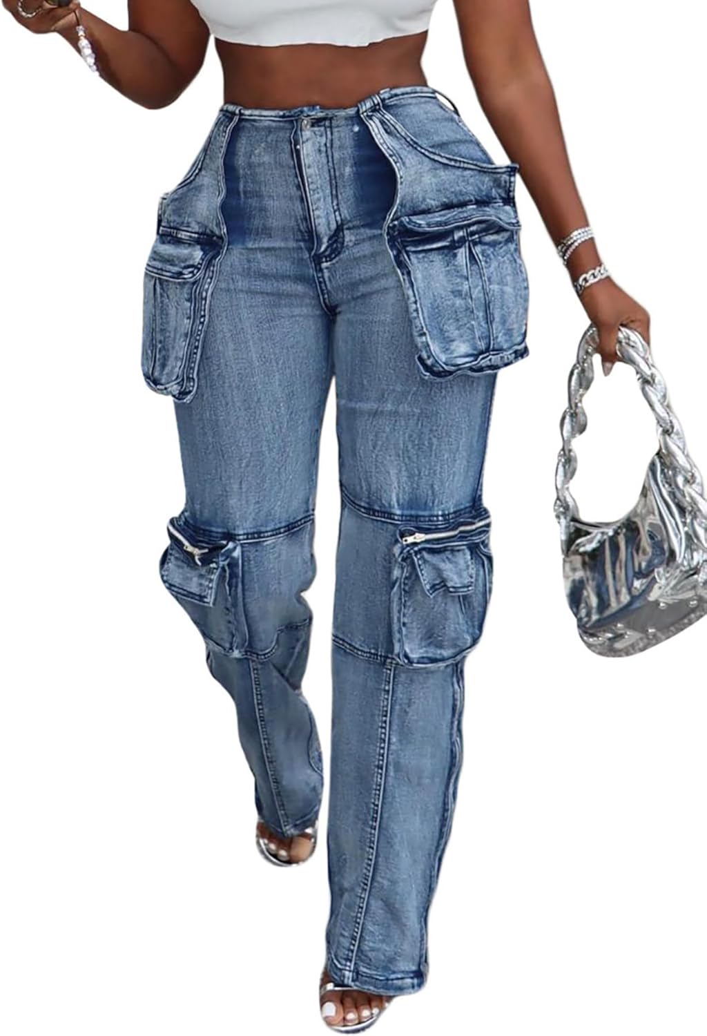 Vakkest Denim Cargo Jeans for Women High Waisted Loose Baggy Straight Wide Leg Stretch Pants Y2K Streetwear with Flap Pockets