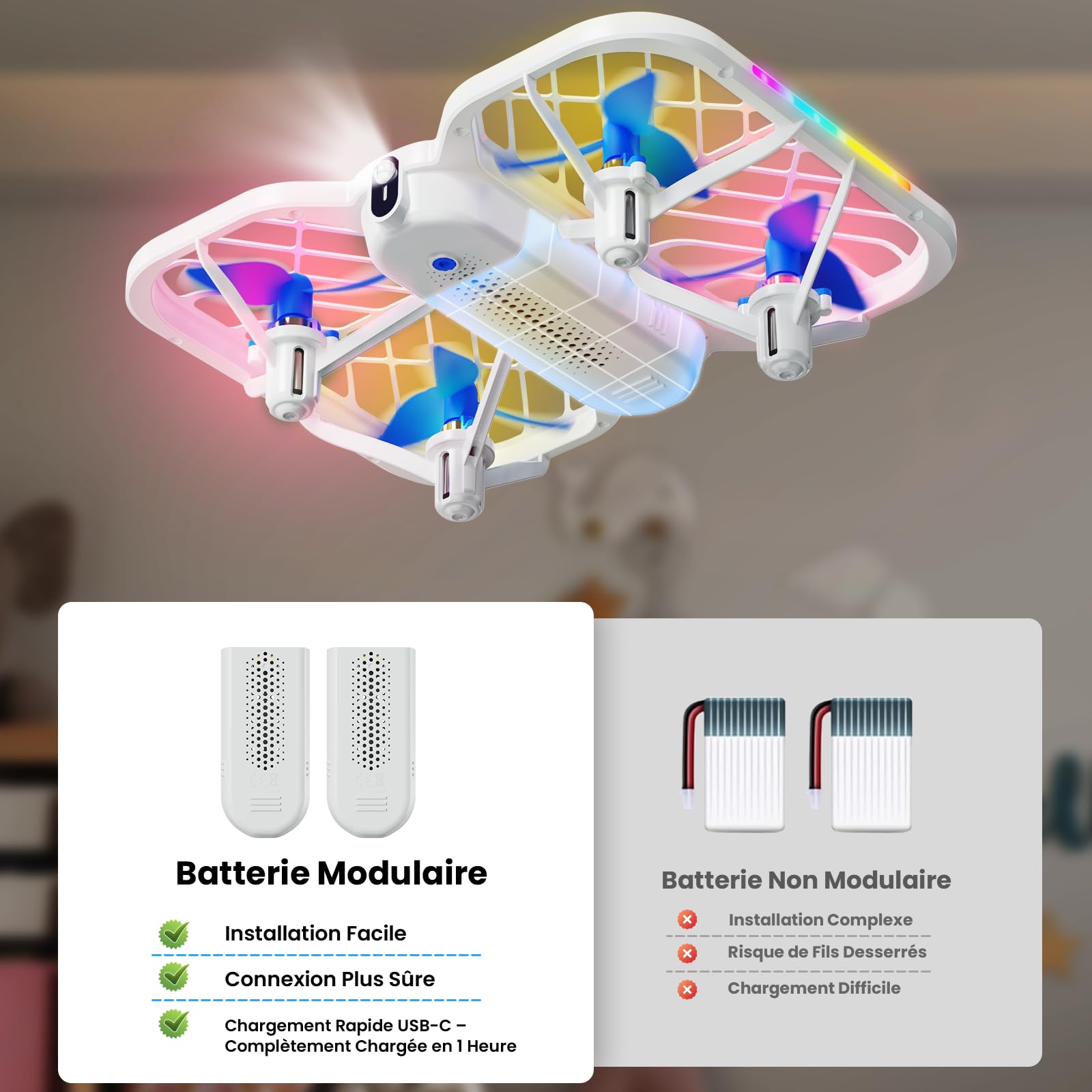 Drone pour enfants, drone HOFMOC avec 5 lumières LED, flip 3D, décollage/atterrissage automatique, mode sans tête, 3 vitesses, 22 minutes d'autonomie, jouet pour enfants à partir de 6 ans
