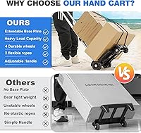 Vista 3 de Carretilla de Mano Plegable Ligera, Pequeño Carrito Utilitario con 4 Ruedas y 2 Cuerdas Elásticas, Carretilla Portátil tipo Mochila, Carrito