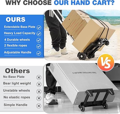 Miniatura 3 de Carro ligero plegable de mano, pequeño carrito utilitario con 4 ruedas y 2 cuerdas elásticas, mochila portátil, carrito de equipaje, carrito