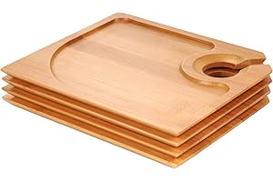 BambooMN 7" x 5.9" Bamboo Cocktail Appetizer Plates with Wine Glass Holder,...