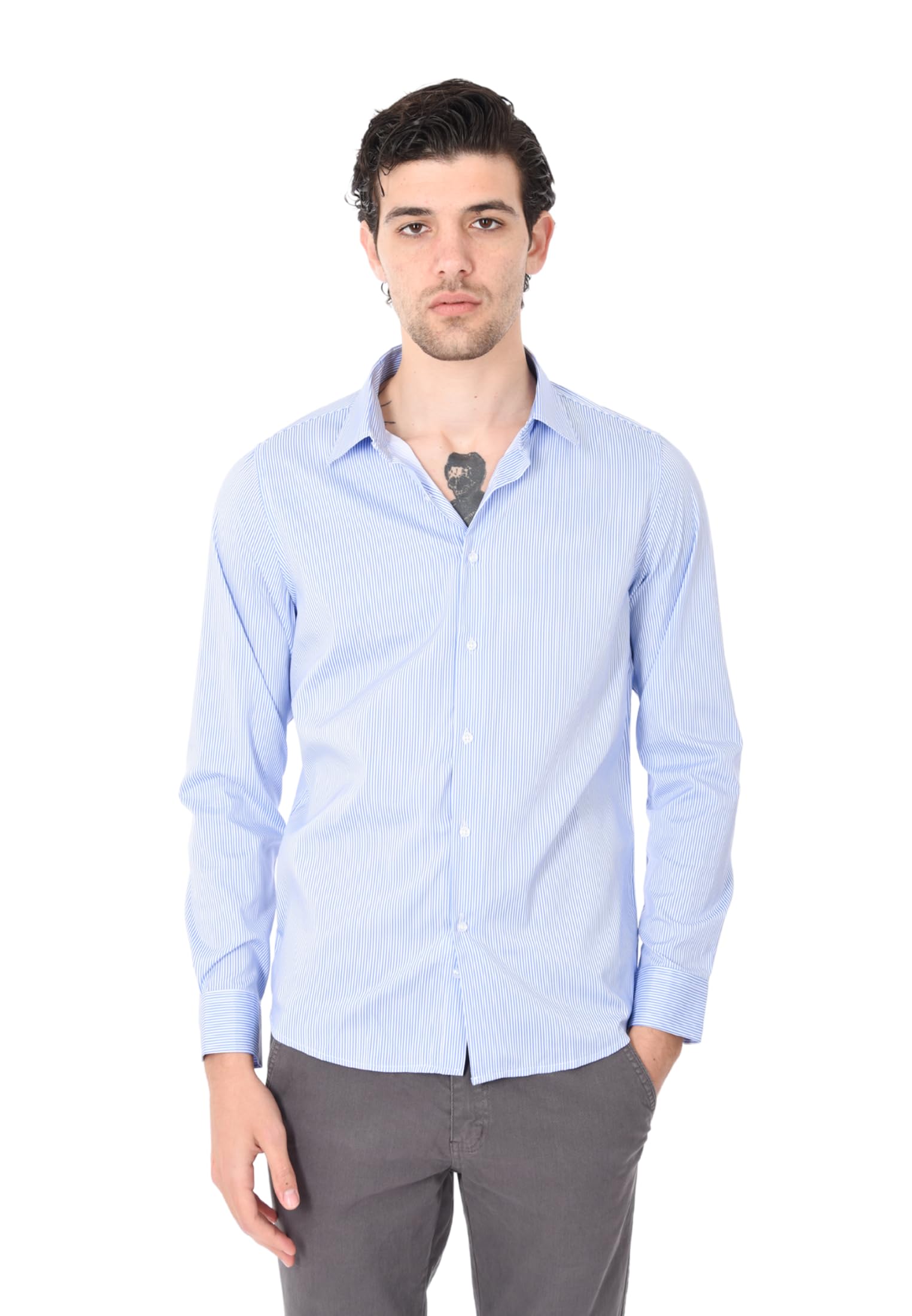 Camisa de hombre Slim Fit elegante 100% algodón estampado a rayas finas manga larga cuello clásico