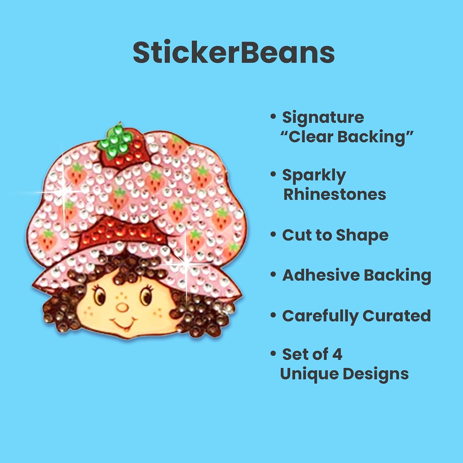 StickerBeans® Rhinestone Stickers BOY Meets Girl® x Strawberry Shortcake® 4-Pack, 2” x 2” Sparkly Cut-to-Shape Adhesive for Collecting, Trading, Scrapbooking, Laptops, Phone Cases for Kids & Teens