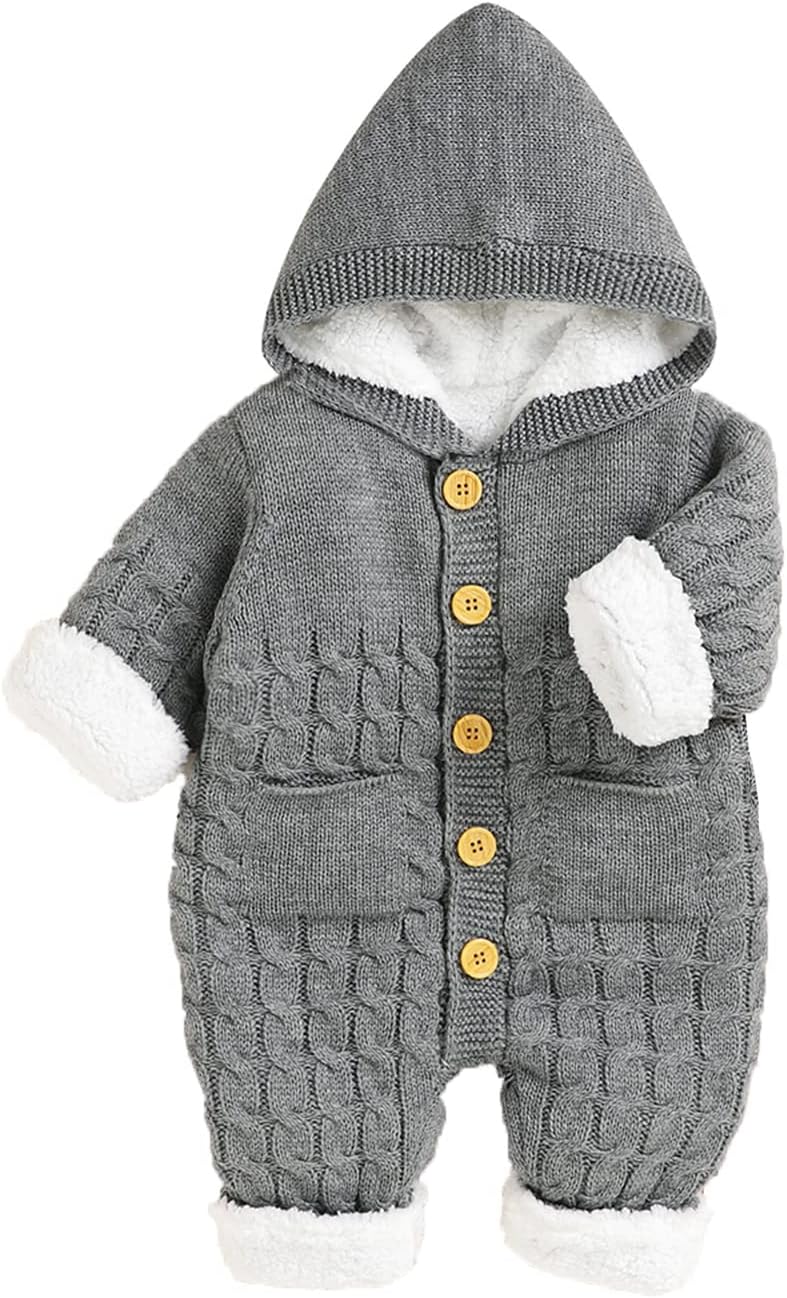 โ Baby Hooded Romper, Newborn Cotton Jumpsuit Cute Infant Knitted Romper, Coat Long Sleeve Onesies Clothes Outfit for 6-12 Months Baby Girls Boys