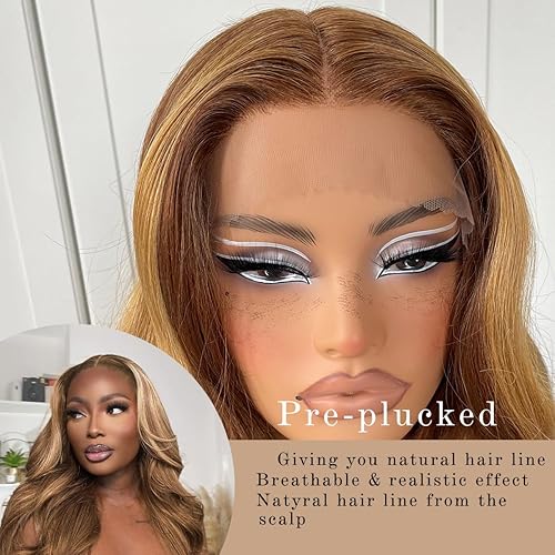 Miniatura 3 de Peluca de encaje frontal sin pegamento con reflejos previamente despuntados, pelucas sintéticas listas para usar, peluca de encaje frontal rubio