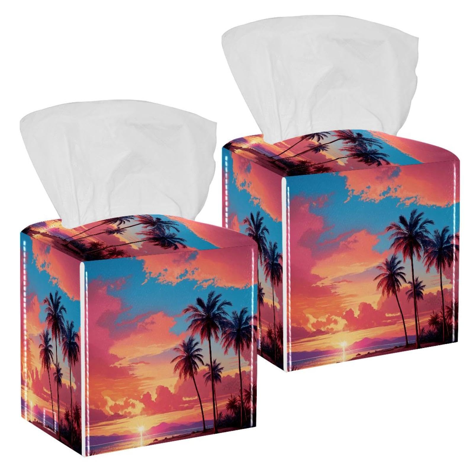 Tropical Palms Tissue Box Cover, 2 Pack PU Leather Square Facial Tissue Dispenser Box holder for Home Office Car