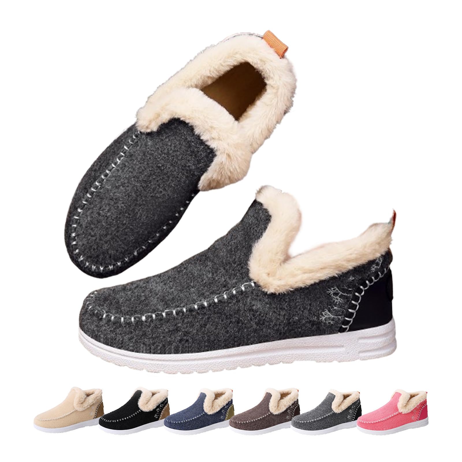 Womens Winter Flat Fluffy Snow Boots Warm Faux Fur Lined Slip-On Ankle Booties Anti-Slip Outdoor Comfortable Casual Fluffy