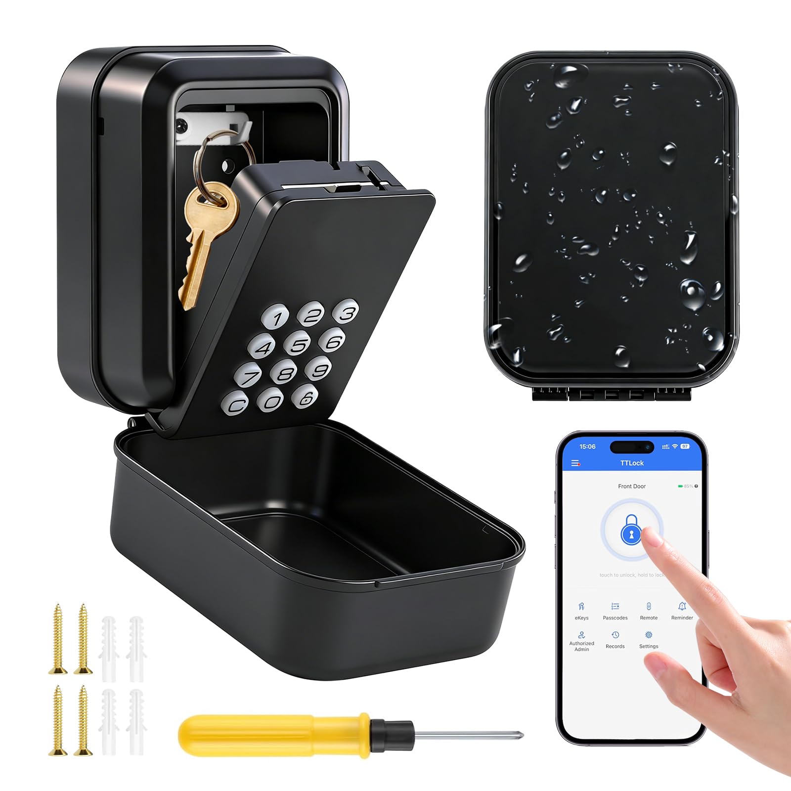Cajetin Llaves con Codigo,Grande Caja Seguridad Llaves Exterior Impermeable Caja Fuerte Llaves,Smart Lock Box Bluetooth Compatible con Aplicación TTLock y Código Pin para Hogar Garaje Oficina
