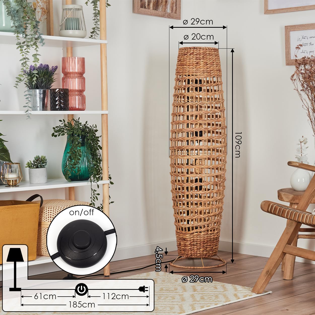 HOFSTEIN Stehleuchte Cardeira, Bast Natur, skandinavisches Design | Boho-Style, Lichteffekt, E27 Fassung, Höhe 111 cm, Fußschalter