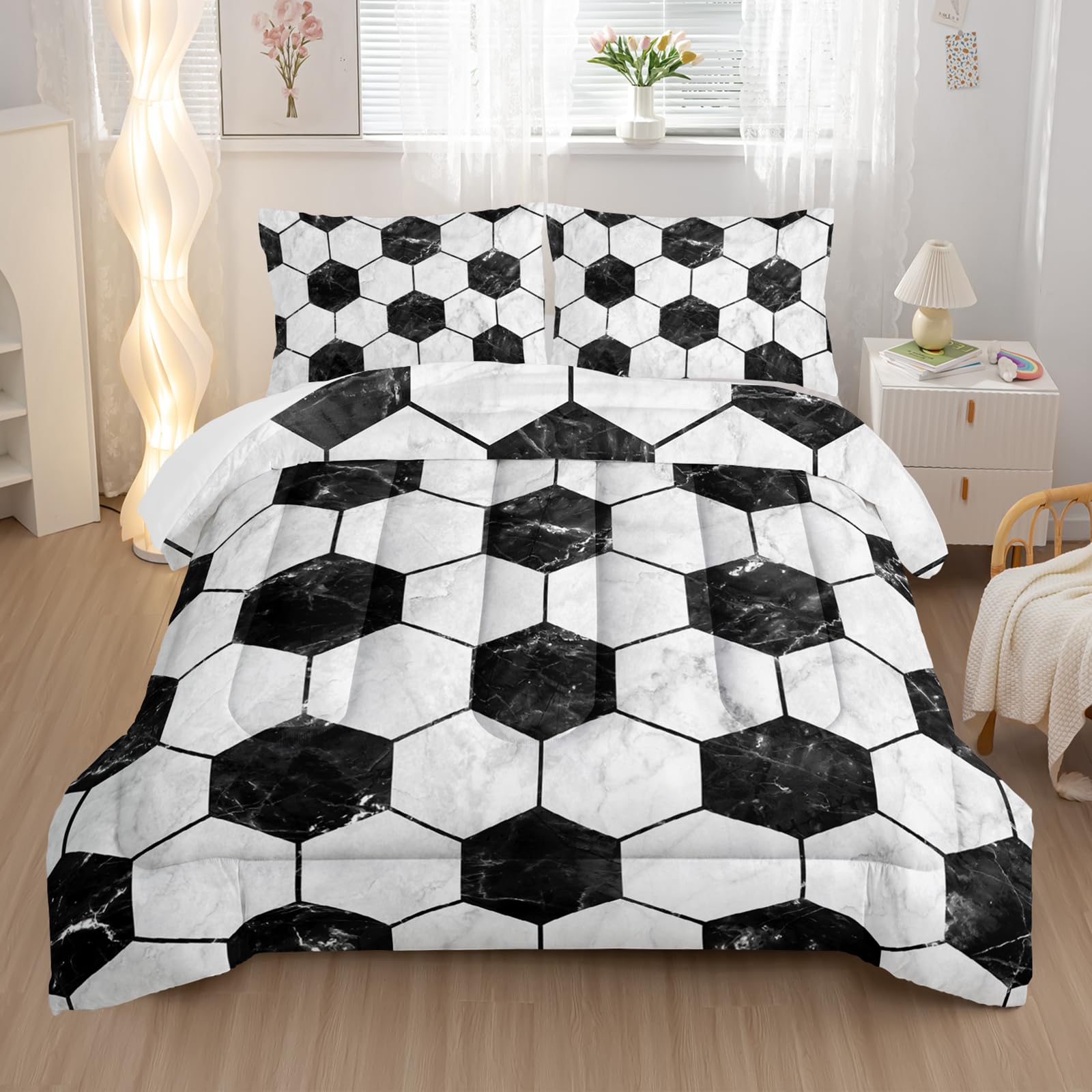 Nttopship Soccer Comforter Set Twin Football Bedding Sets for Boys Teens Kids Sport Themed Bedding,3 PCS White Soccer Bedding Set Bed in A Bag,Sports