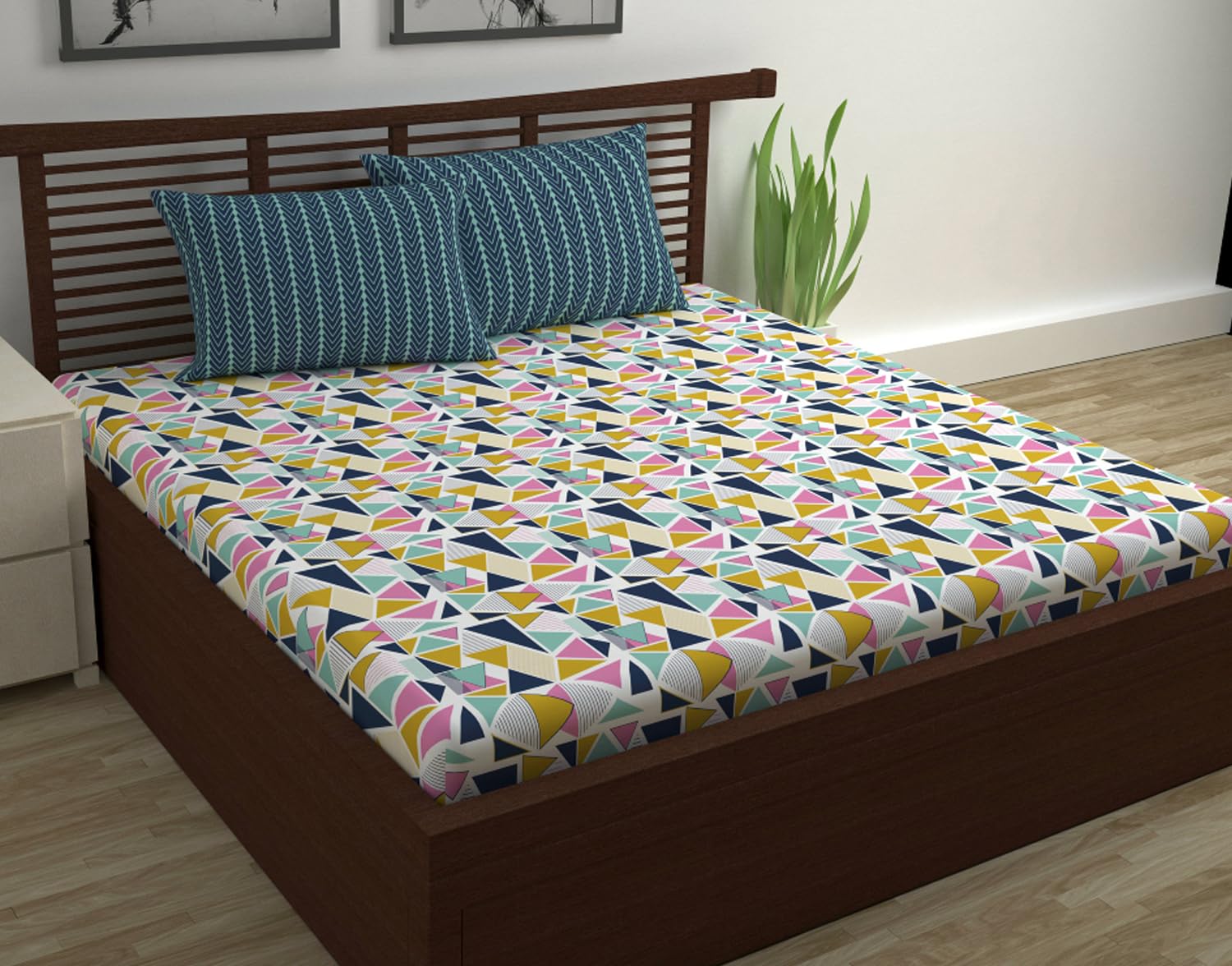 Divine Casa Abstract Vector Cotton Blend Double Bedsheet with 2 Pillow