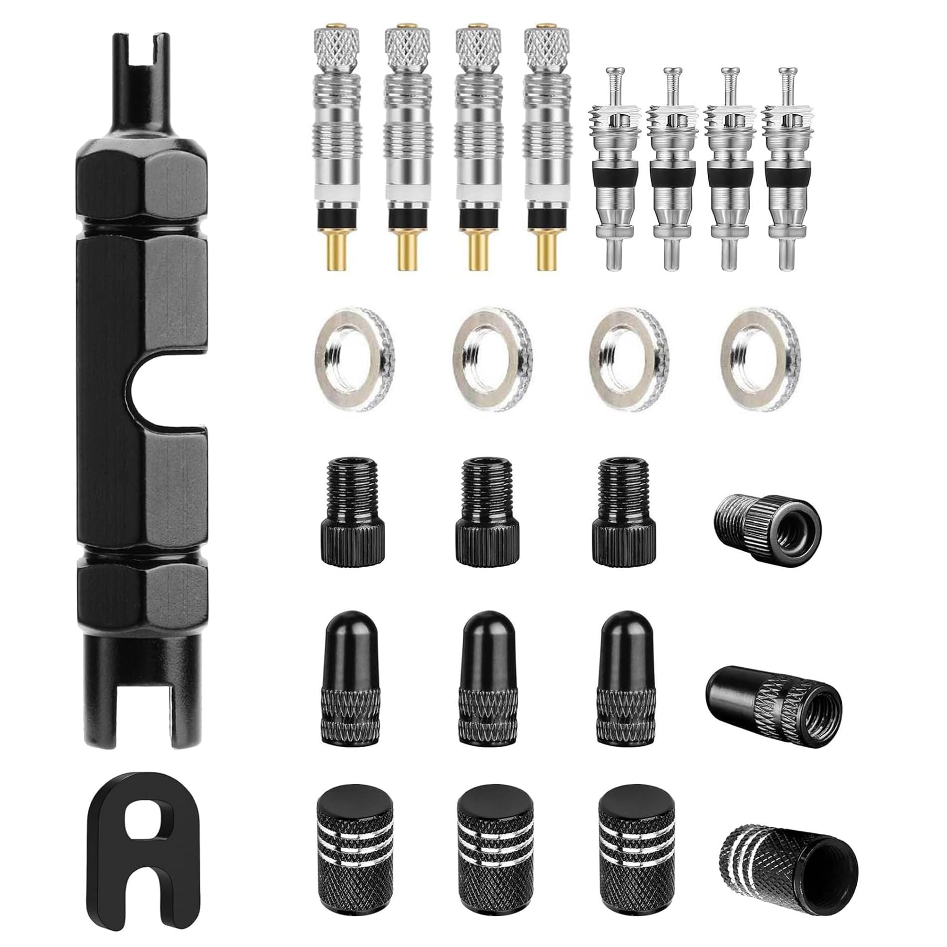 KEWAYO26 Pieces Valve Core Remover Tool, Bicycle Tire Presta and Schrader Valve Stem Adapter and Cap, Bike Tyre Repair Removal Replacement Kit, for Cycling MTB Road Bike