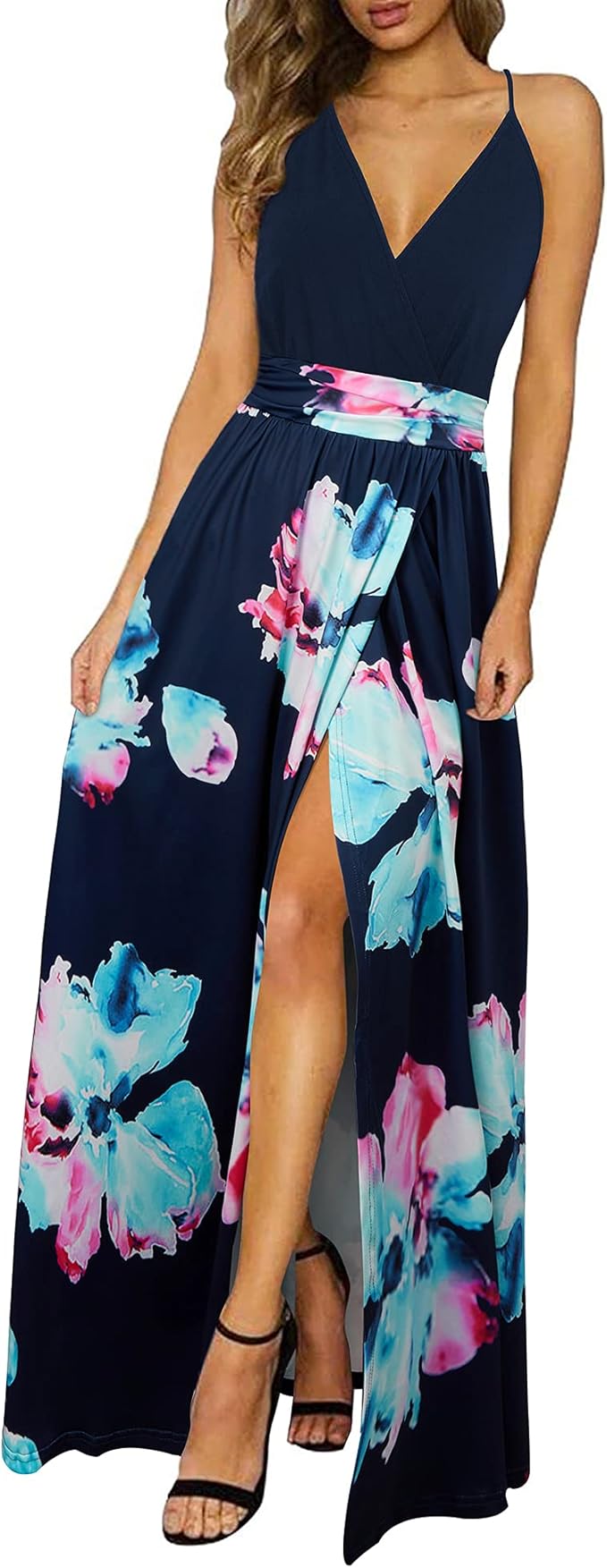 Newshows Women's Summer V Neck Spaghetti Strap Floral Sleeveless Casual Split Long Maxi Dress