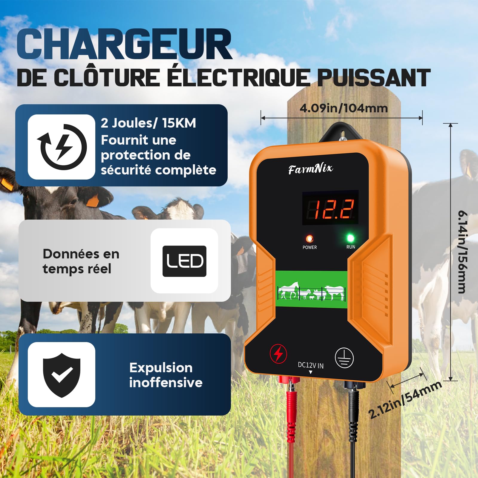 15KM Clôture Électrique pour Bétail Animaux, Électrificateur de Clôture Électrique, Haute Puissance 12V 2.0J 10 Miles, Protection pour Chevaux Bovins Vache Moutons Volaille Ferme Jardin Pâturages