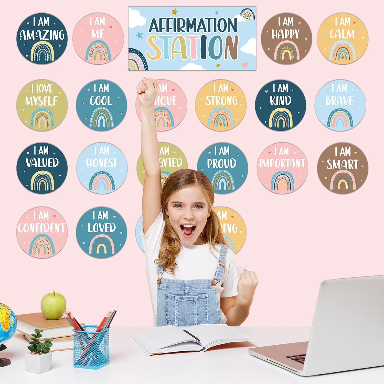 Boho Affirmation Station Bulletin Board Set Rainbow Positive Bulletin Board for Classroom Decorations Inspirational Motivational Accent Cutouts for Students Teachers Home School Wall Supply (Blue)