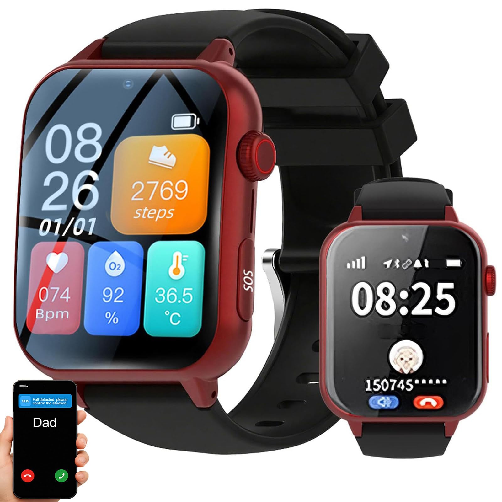 Smartwatch 4G para Personas Mayores: Posicionamiento GPS + Rango De Seguridad, Detección De Caídas + Función De Llamada De Emergencia SOS, Recordatorio De Medicación | Videollamadas HD Red