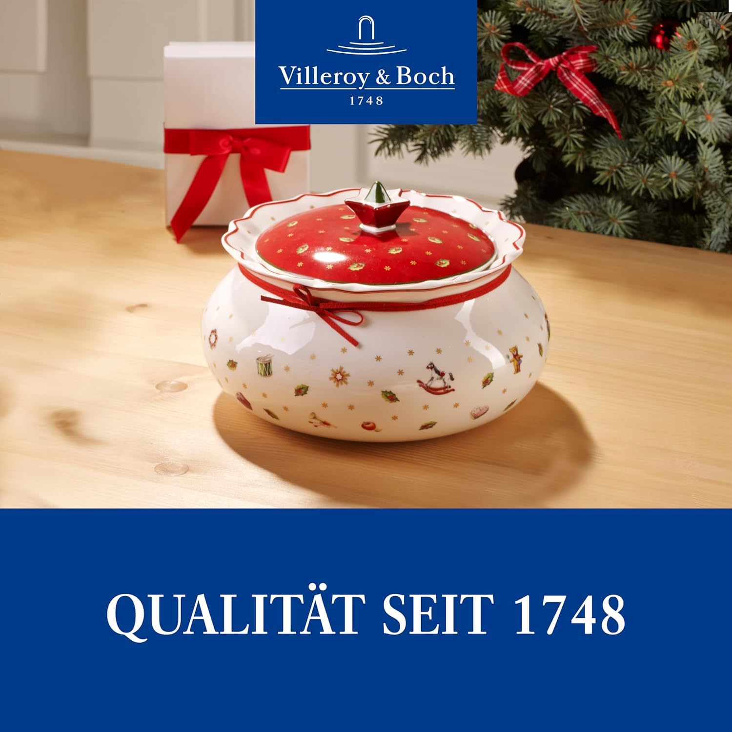 Villeroy & Boch Toy's Delight Dosen-Set 3-teilig, Vorratsdosen in 3 Größen (14 cm / 20 cm / 21 cm), Gebäckdosen/Keksdosen mit Weihnachtsdekor, Premium Porzellan, Weiß/Rot