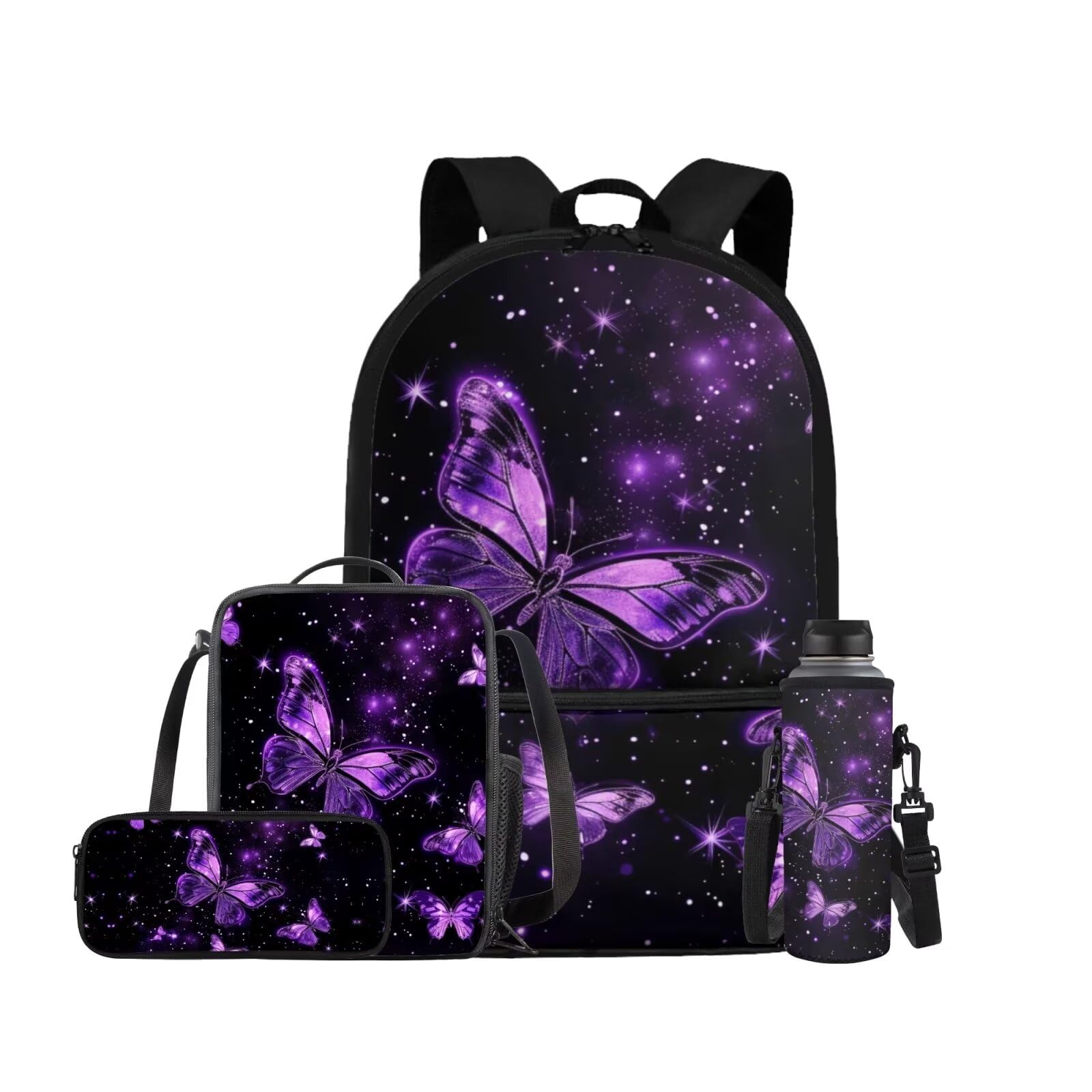 Oamsistay Purple Butterfly Kids Backpack Set Boys 4Pcs Kids Backpack for Boys with Lunch Box Pencil Case and Water Bottle Case Cover School Backpacks