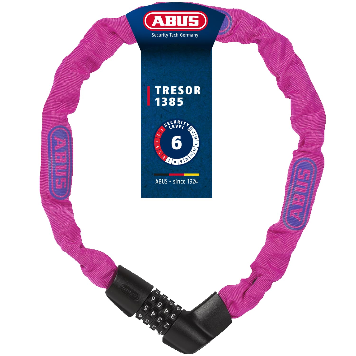 ABUS Kettenschloss Tresor 1385/75 Neon – Zahlenschloss aus gehärtetem Stahl – 6 mm starke Vierkantkette – ABUS-Sicherheitslevel 6 – 75 cm – Pink