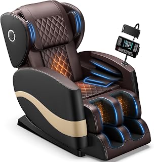 TLIFE Massage Chair Full Body Zero Gravity Recliner 14 Fix Rollers, Brown | 16 Airbags, 5 Auto Modes, Foot Roller Massage, Heated, Bluetooth Speaker, Phone Holder, Touchscreen, Compact & Space-Saving