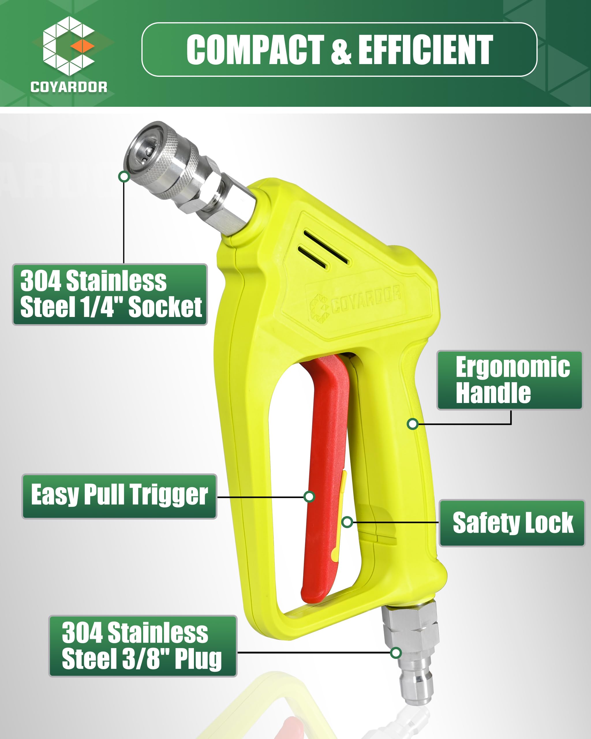 Pistola corta para lavadora a presión con giratorio, mango de lavadora a presión de 4000 PSI 6.8 GPM con enchufe de 3/8 pulgadas y entrada macho M22-14 mm, acoplador de conector rápido de 1/4